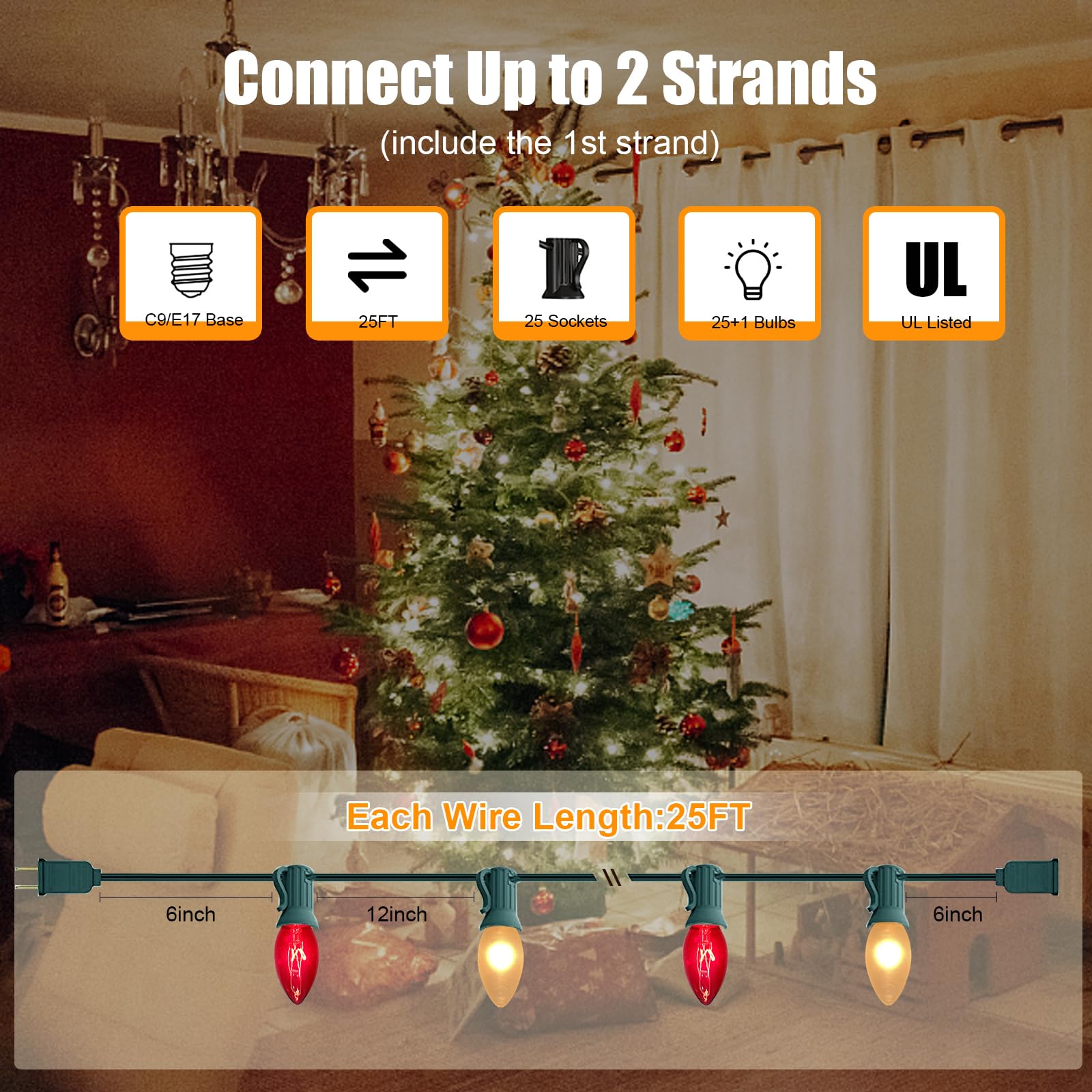 GOOTHY C9 Christmas Lights 25Ft with 26 Red Frosted White Bulbs, Waterproof Vintage Decorations for Outdoor Patio Roofline