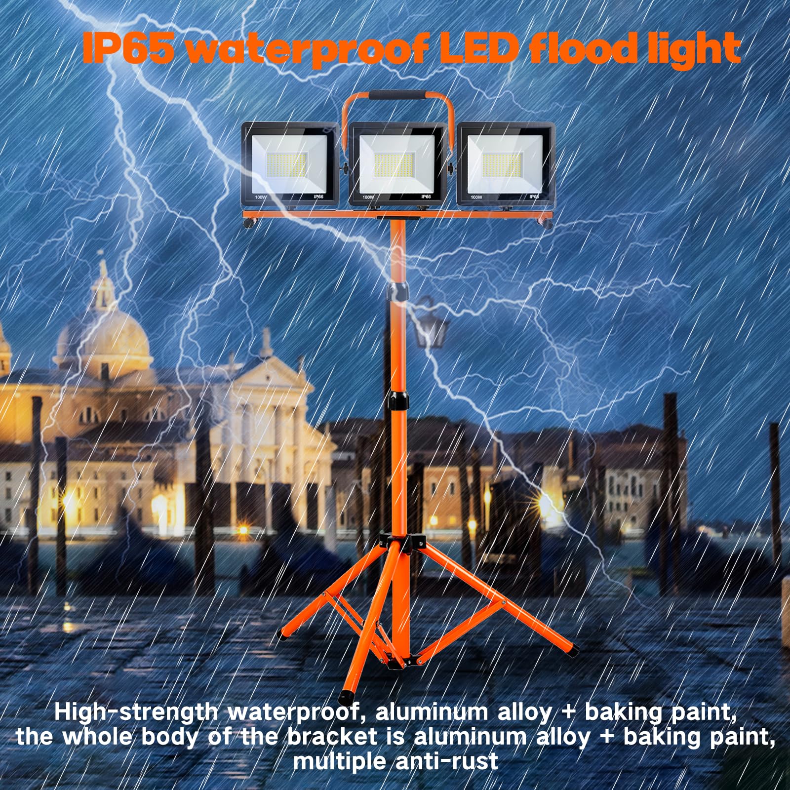 HOHOMETIC 21000 Lumen LED Work Light with 3 Adjustable Heads, Waterproof, Stainless Steel, Orange, Model WLWS-01