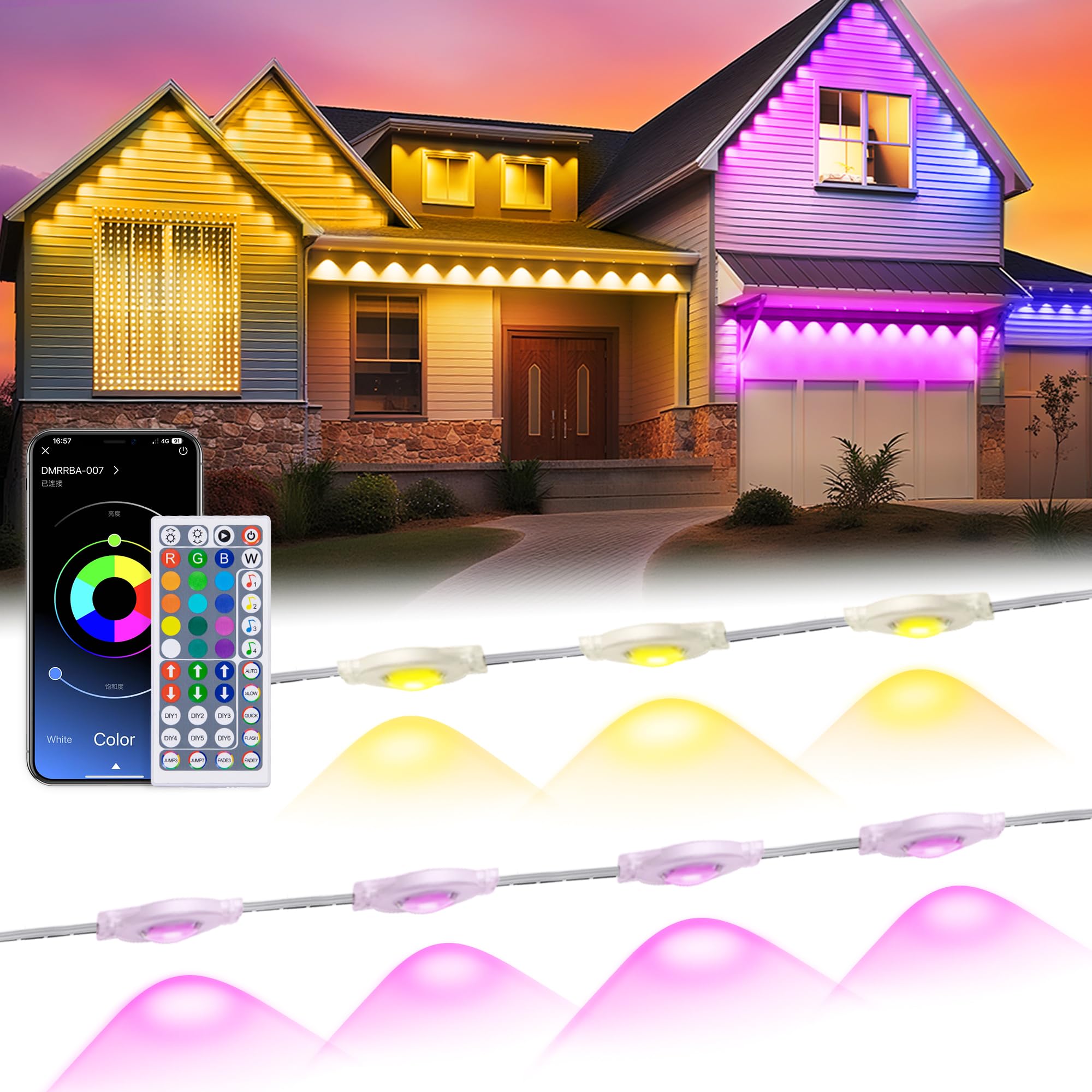 MuliVid RGB Outdoor Permanent Lights, 200FT, IP67 Waterproof, Remote APP Control, Multicolor, Model LX20250312-60M