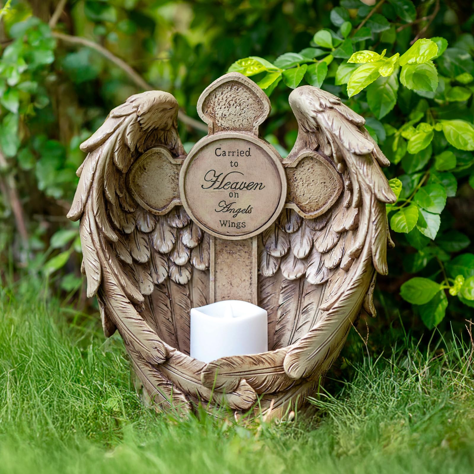 Candieslife Solar Angel Wing Cross Garden Lights, Waterproof Memorial Decor, 12" Resin, Angel Wings for Cemetery and Outdoor Use
