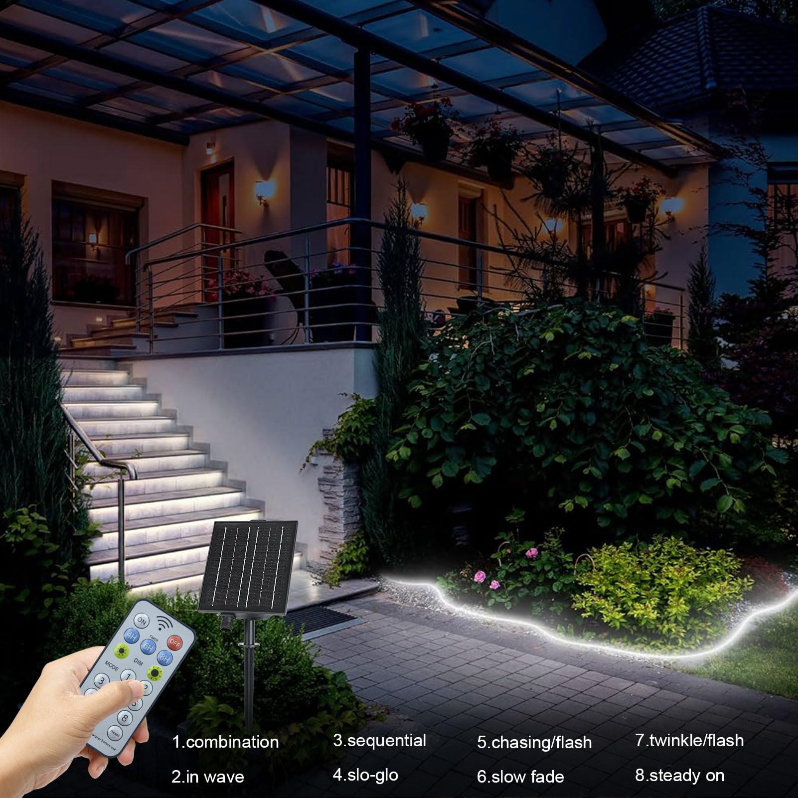 echosari Solar Strip Lights Outdoor, IP68 Waterproof, 32.8FT, Cool White, Model ES-Strip, Remote Timer, Self-Adhesive