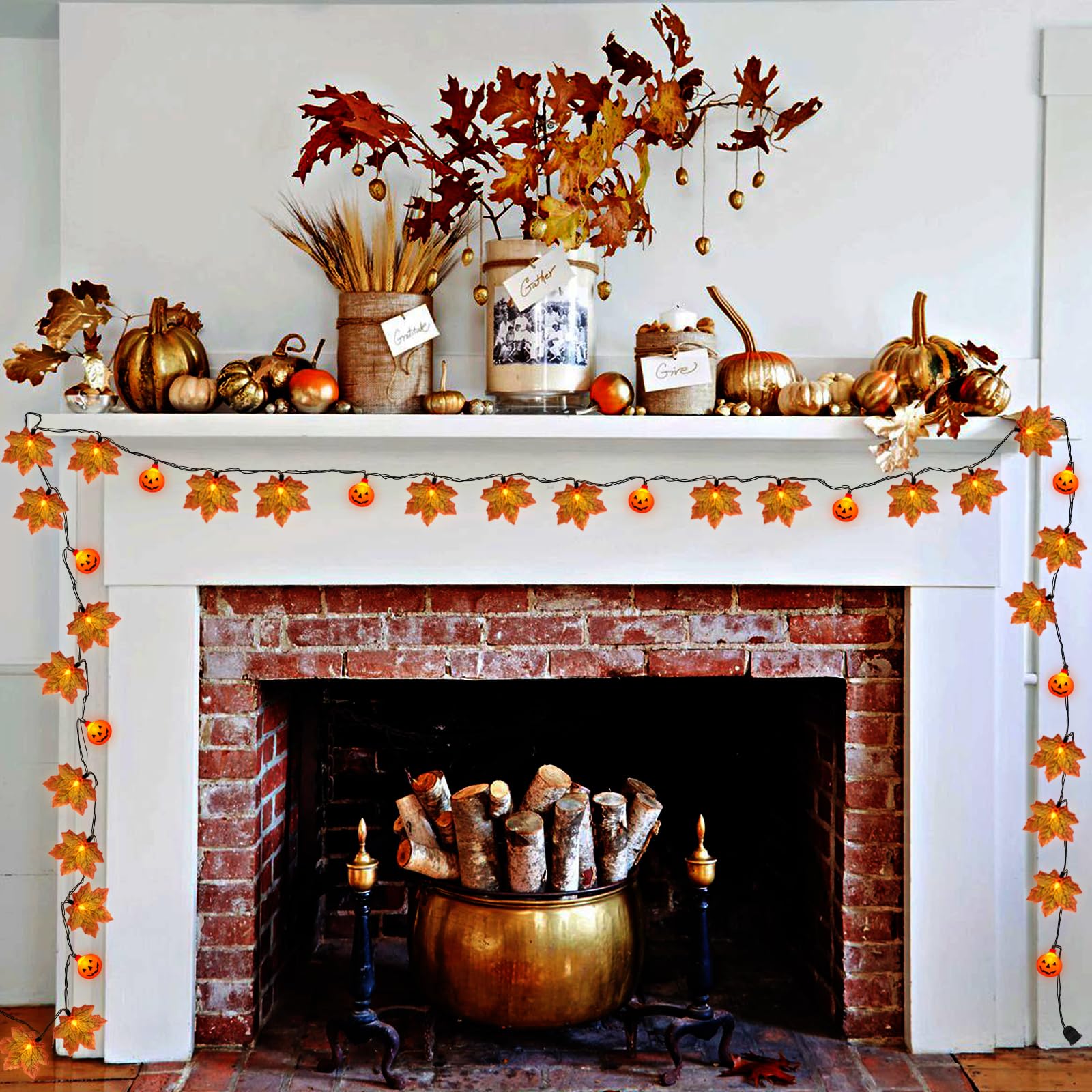 13.6FT Thanksgiving Lights Leaf String Lights, 25 LED Orange Leaf Lights and 10 LED Pumpkin Lights, Plug-in Fall String Lights f