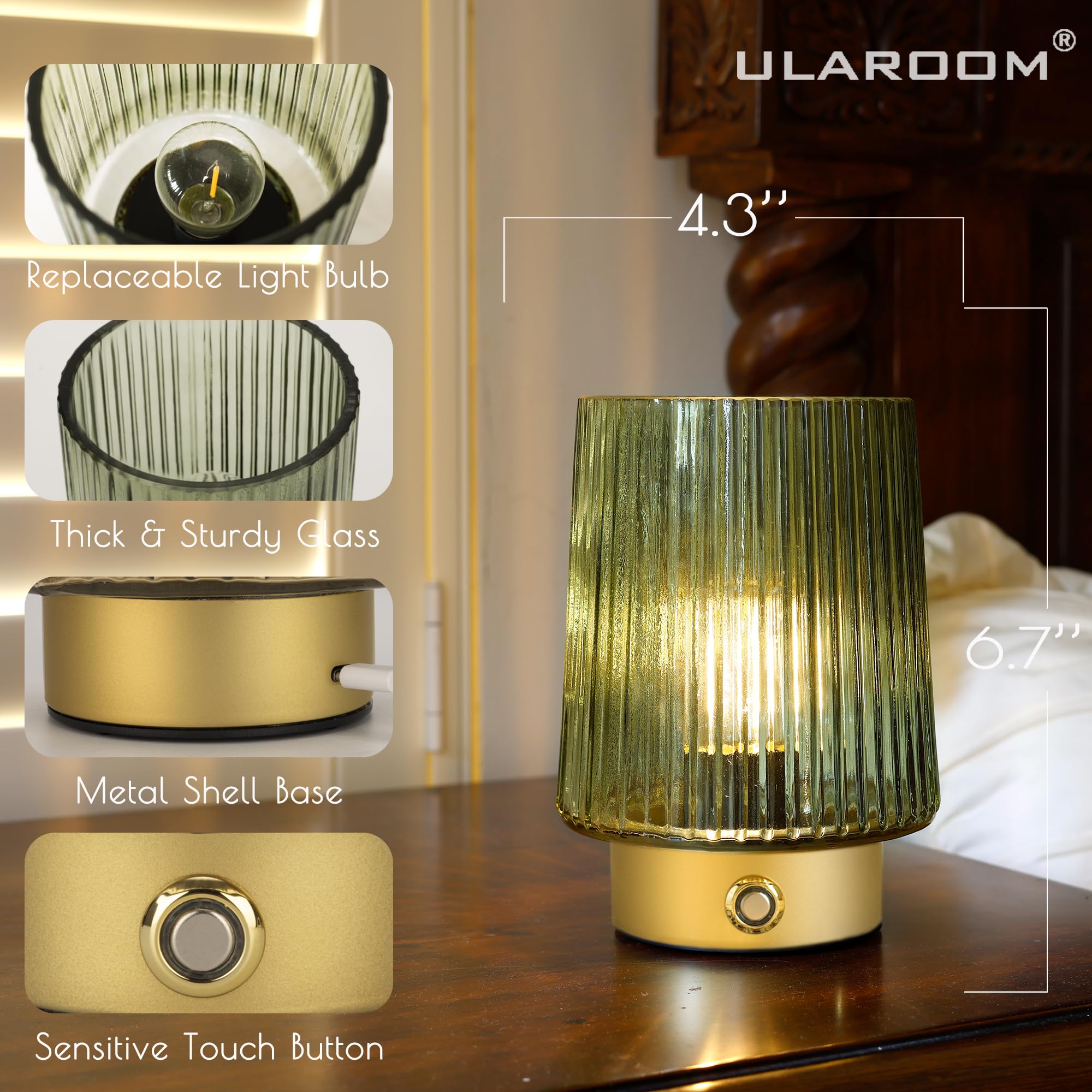 ULAROOM Cordless Rechargeable Table Lamp - Portable Touch Dimmable Design, Sage Green, Model JYTD23