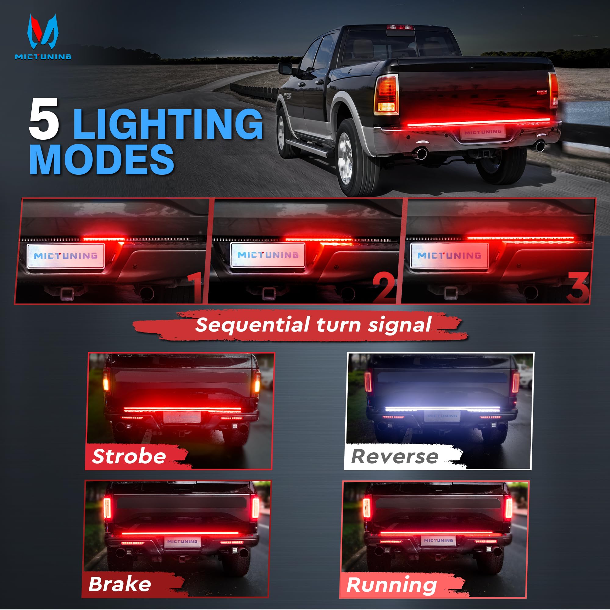 MICTUNING 60" Red Sequential LED Turn Signal & Brake Lamp, Waterproof Tailgate Strip Light, Model MIC-TLS-738, 504 LEDs