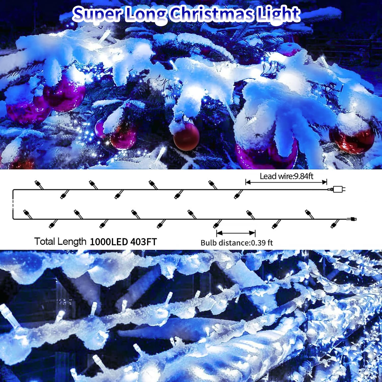 403 Ft 1000 Led Christmas Lights Outdoor Decorations Super Long Fairy Lights Waterproof 8 Modes Timer Clear Wire String Lights For Outside House Tree Patio Yard Wedding Party Holiday-Blue&White