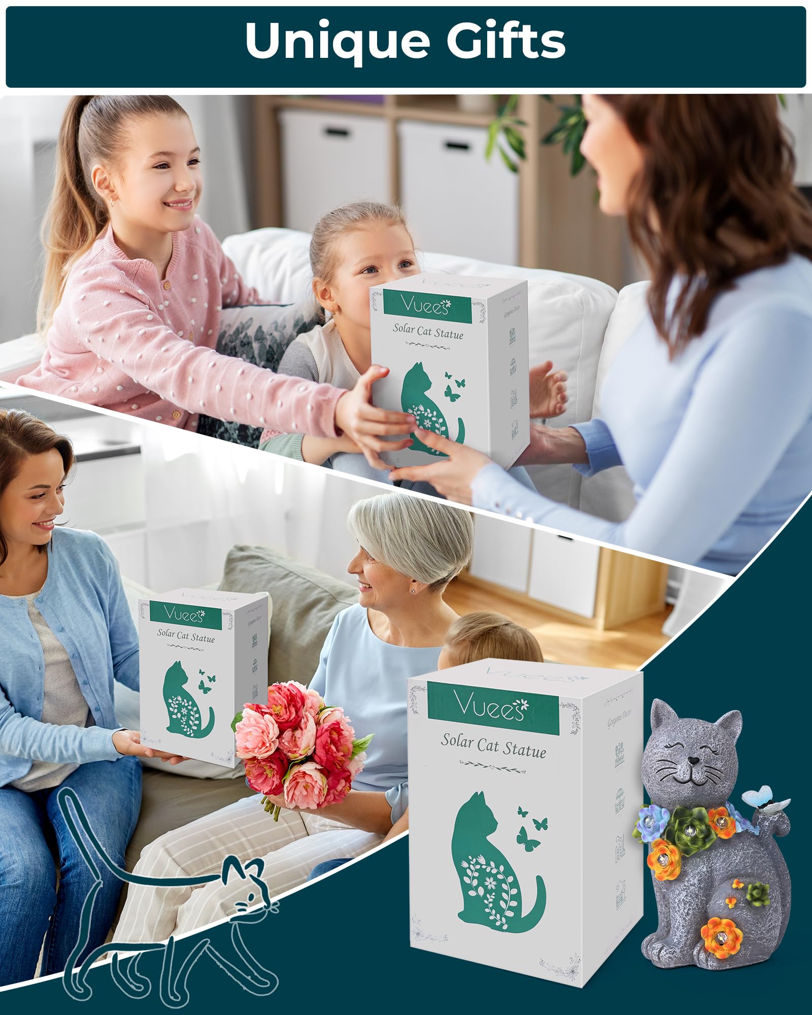 Vuees Solar Garden Statues Lights, Cat Figurines Succulent Flower Butterfly Art Design For Home, Outdoor, Patio, Porch, Yard, Ba