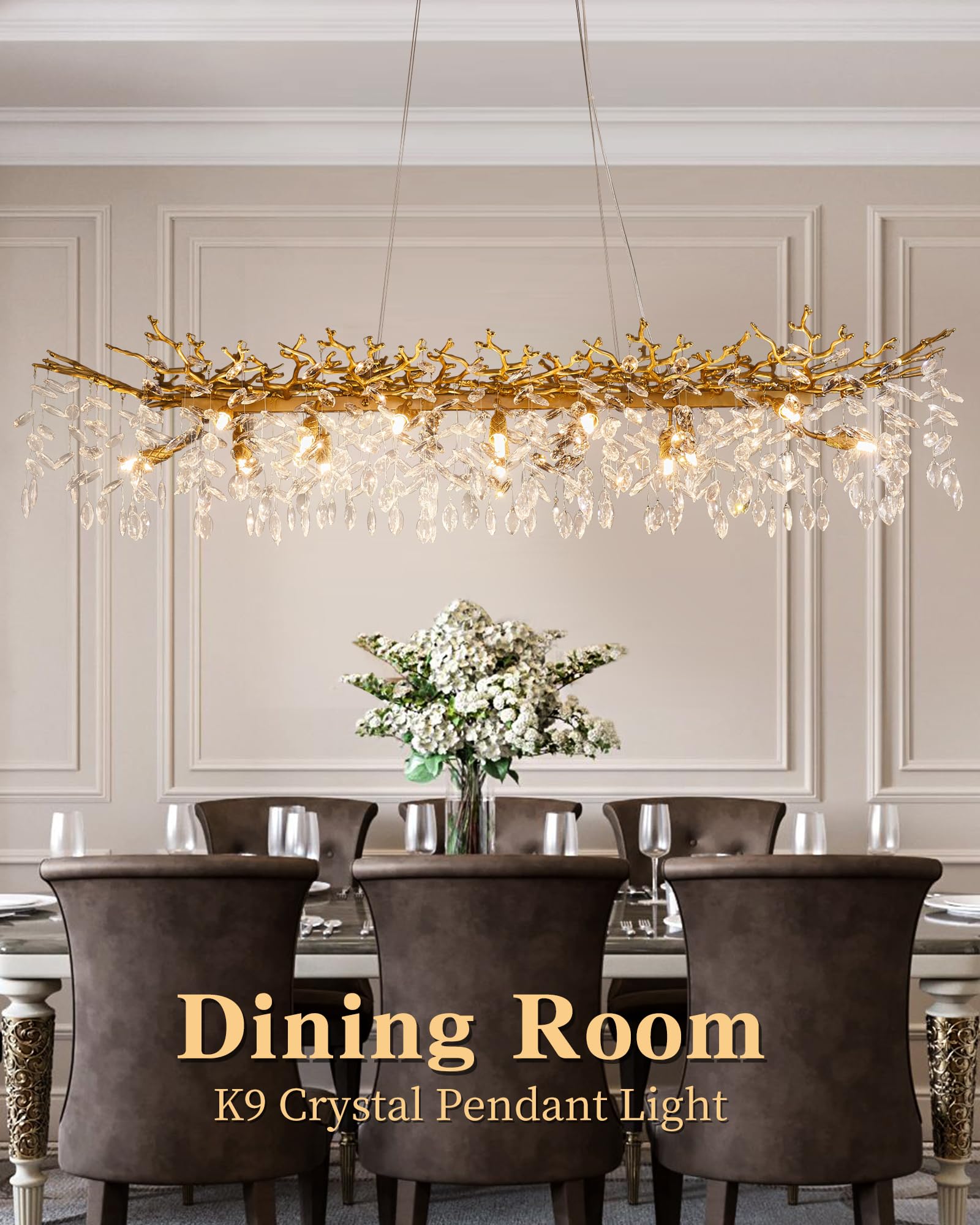 Modern Tree Branch Chandelier, 16 Lights Rectangular 59'' Crystal Gold Chandeliers For Kitchen Island Dining Room Living Room