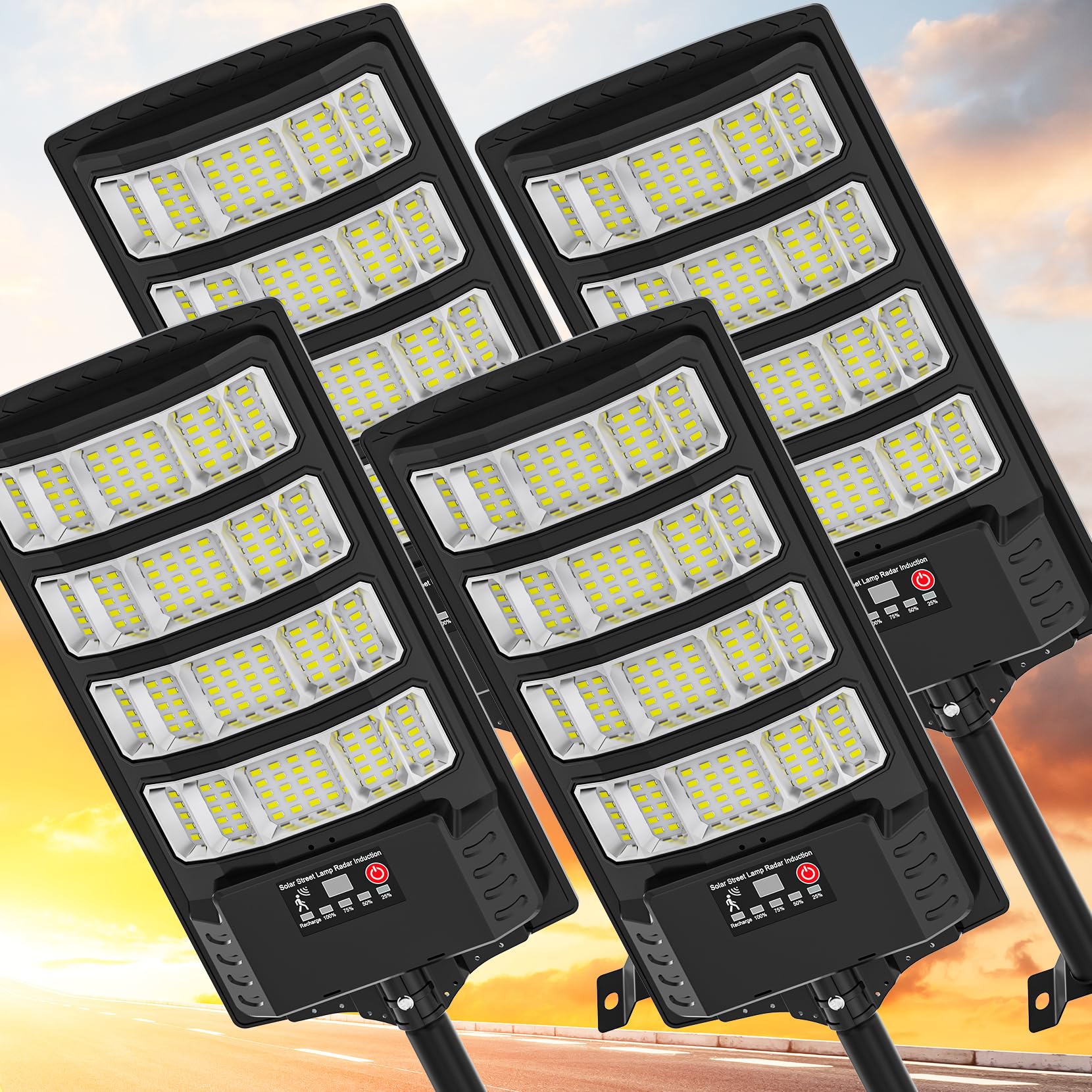 Heisolcool Solar Street Lights - 50000LM, 320° Flood Light, Motion Sensor, Remote Control, Black, 4-Pack