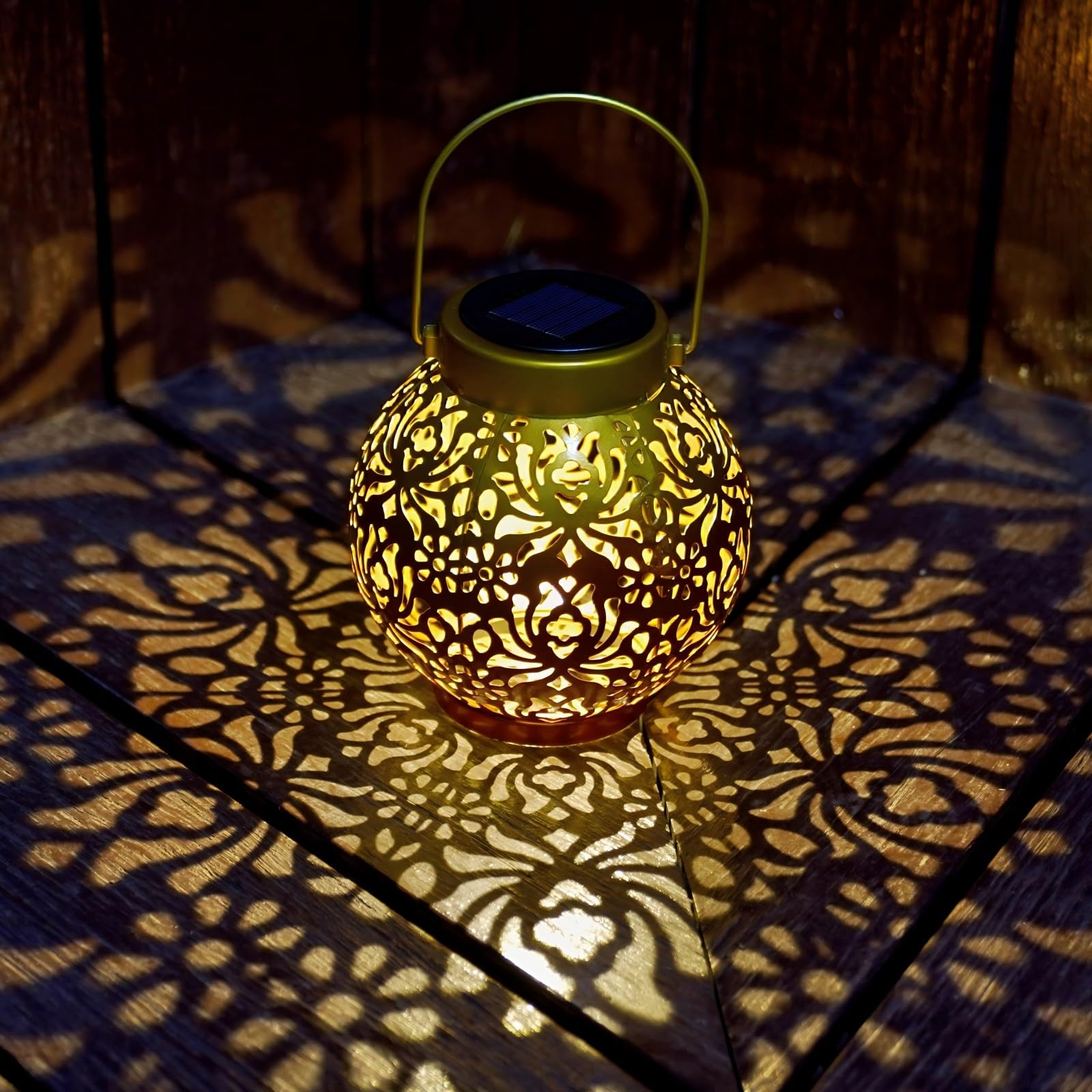 EXCMARK Solar Hanging Lantern Lights, Metal LED, Floral Design, Sunset Blaze, 2 Pack for Garden, Patio, Lawn, Table