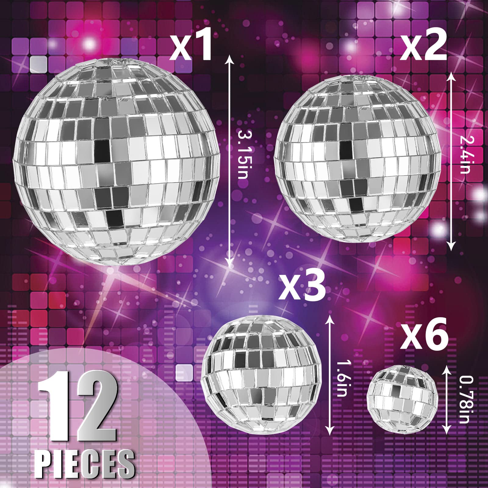 KFPPLXQ Disco Balls Cake Topper - 12 Pcs Silver or Gold Plastic Decorations for 70s Disco Themed Birthday Cakes - Model 18-94balls