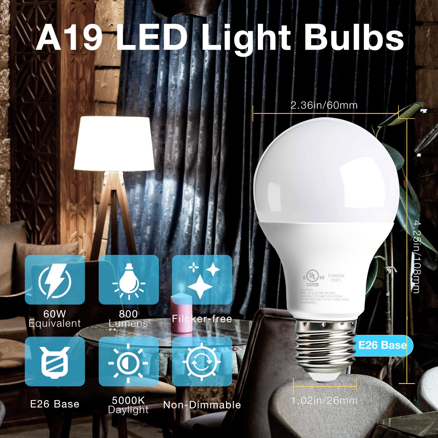Dalattin A19 Led Light Bulbs 60 Watts Equivalent Bulbs,800 Lm,Non-Dimmable,Efficient 9W Energy Saving Lights For Living Room,Off