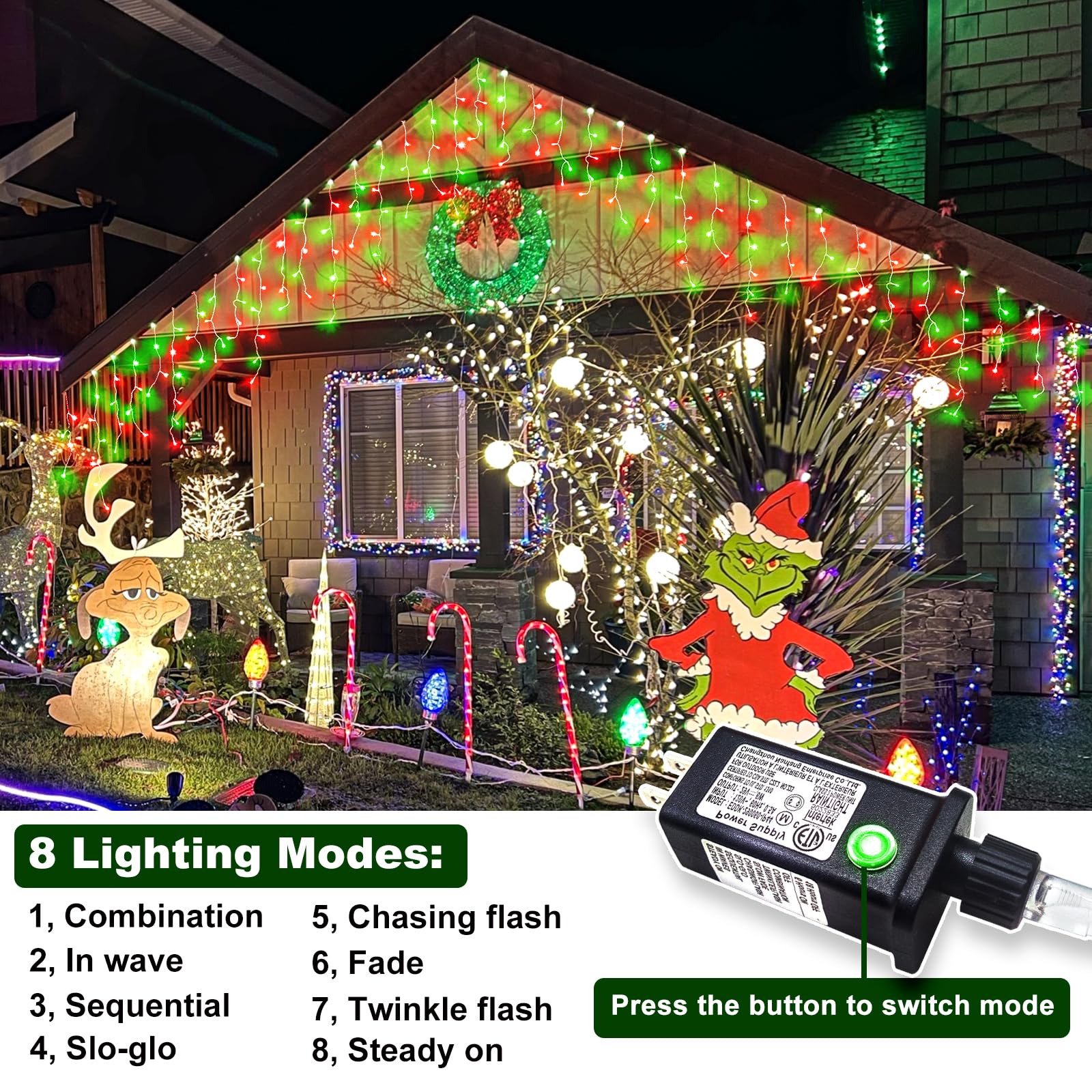 33Ft Red And Green Christmas Lights Outdoor, 400 Led Icicle Lights For Outside, Plug In Twinkle Lights Indoor With 8 Modes Timer