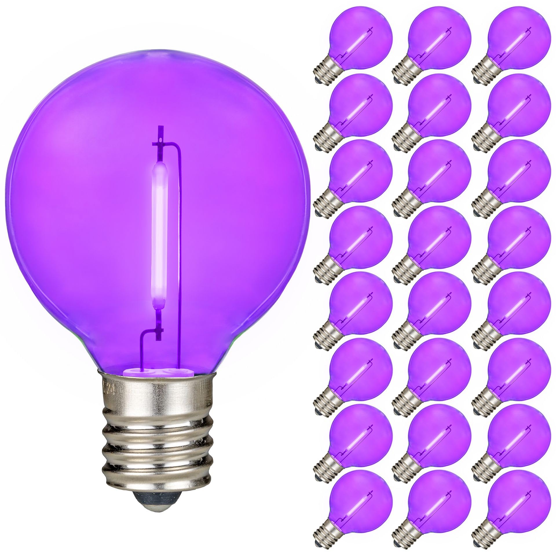 Novelty Lights 25 Pack Purple G40 Led Filament String Light Bulbs  E12/C7 Candelabra Base  5 Watt Equivalent  Shatterproof Replacement Bulbs For Patios  Canopy Lighting