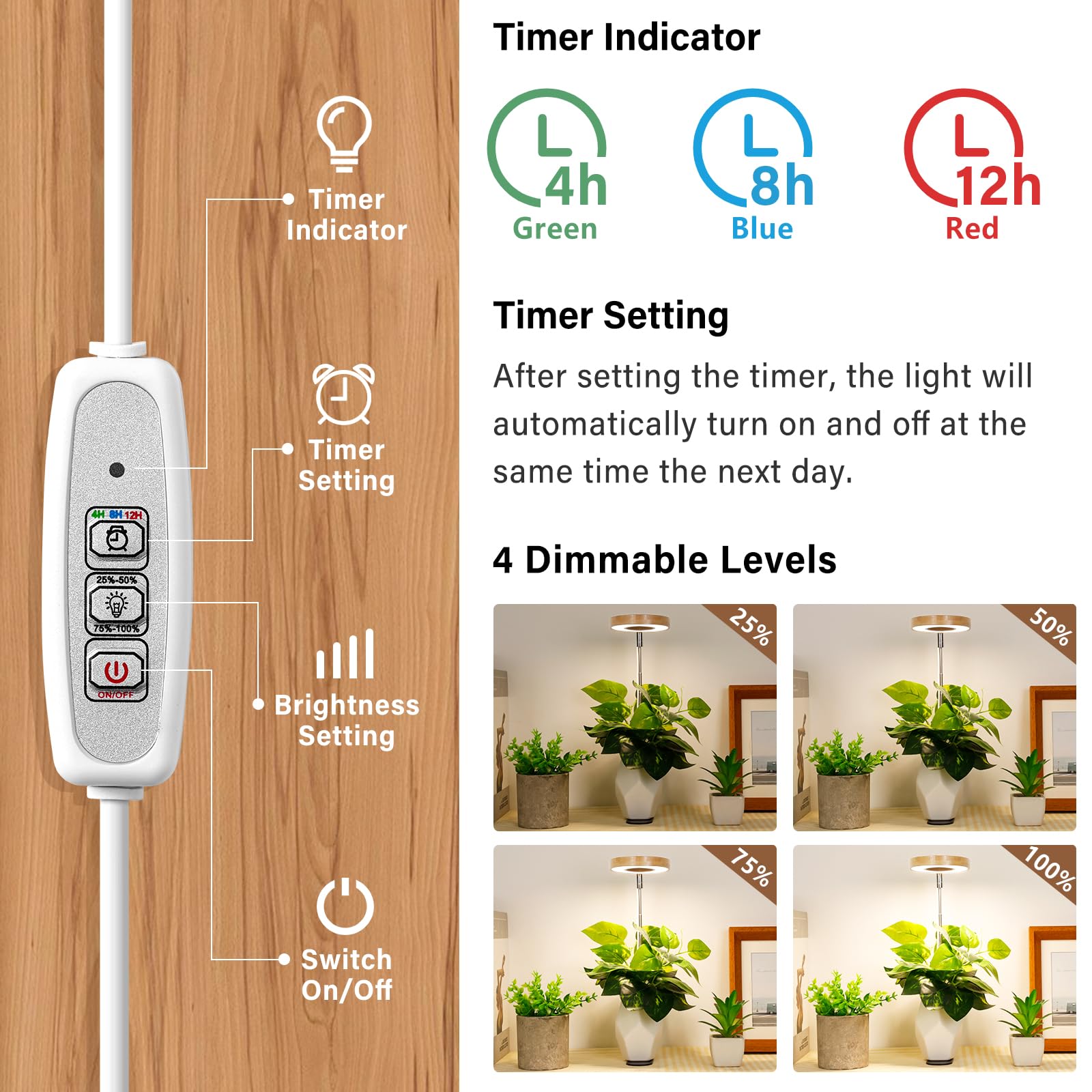 LORDEM Bamboo Base LED Grow Light with Full Spectrum, 4 Brightness Levels, Auto Timer, Height Adjustable 7.8"-26", Model A0150