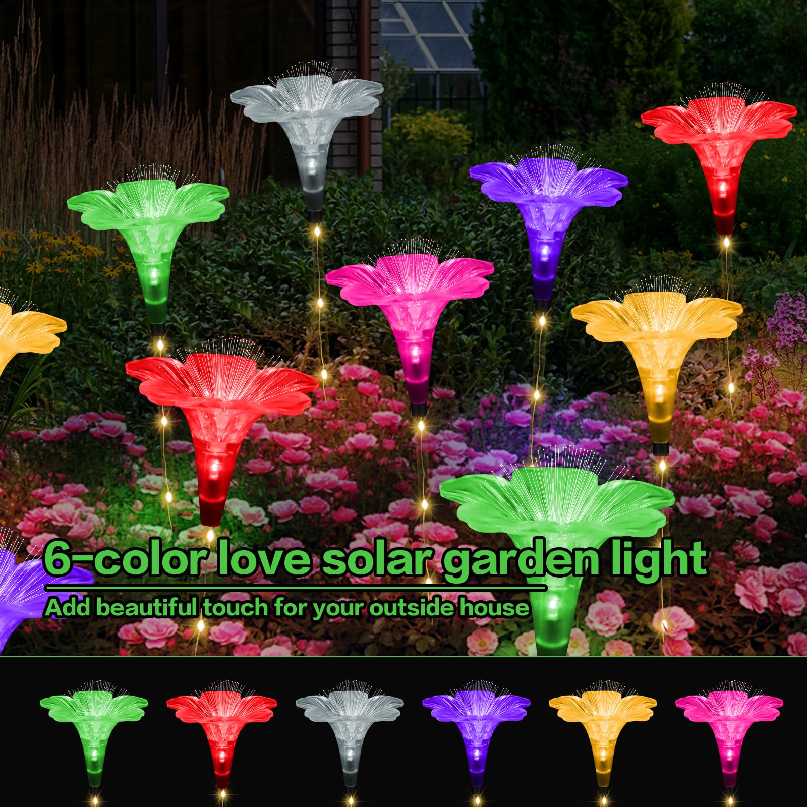 X-Giftkey Solar Garden Lights For Mom Gifts Decor Outdoor,6Pack Fiber Optic Lily Flowers With Unique Housewarming Gifts Outdoor,Solar Path Lights For Valentines Day/Mom/Wedding/Party/Yard Decor