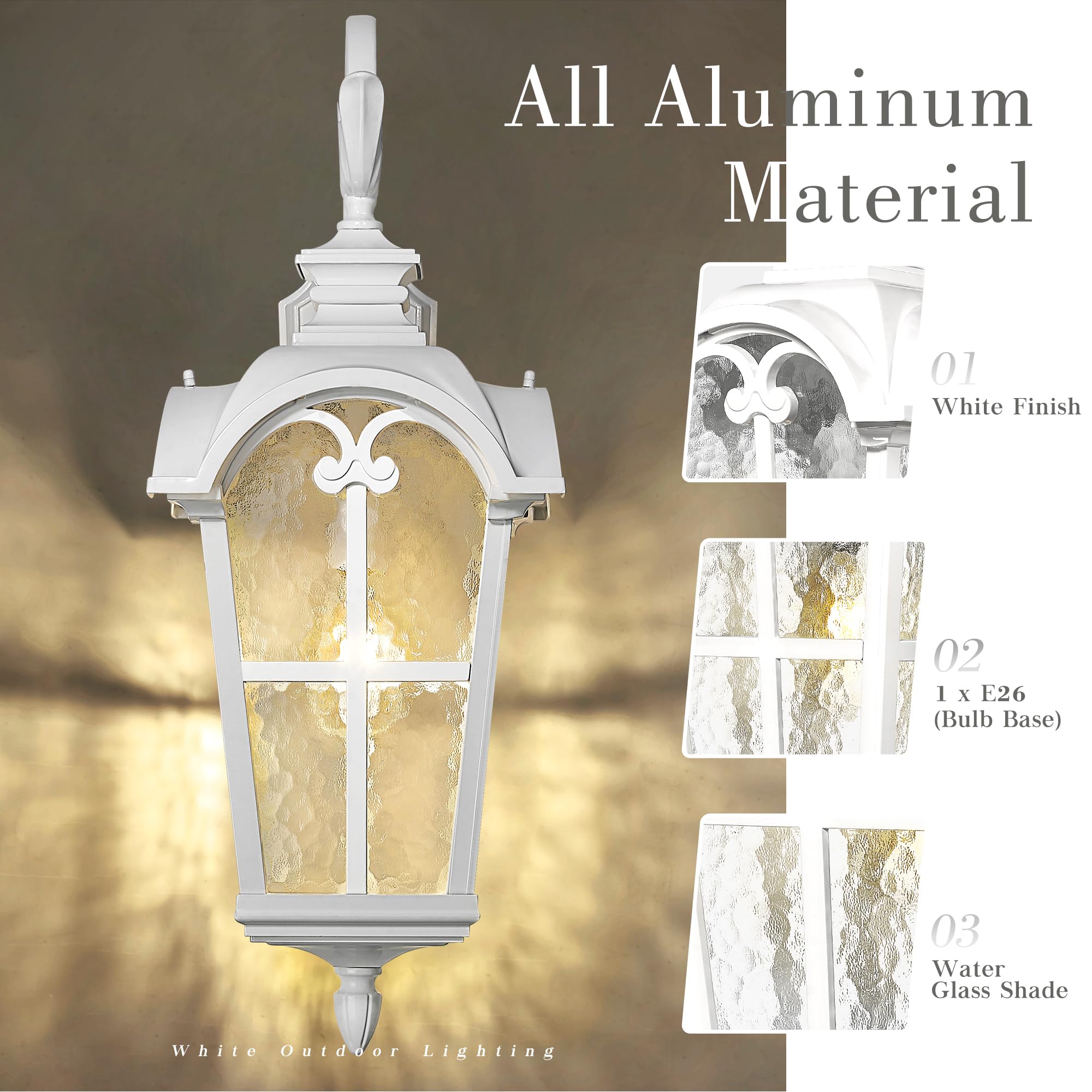 Emliviar 1-Light 28.7'' Wall Sconce With Water Grain Glass, Vintage Farmhouse Wall Lamp For House Porch, White Finish In Die-Cas