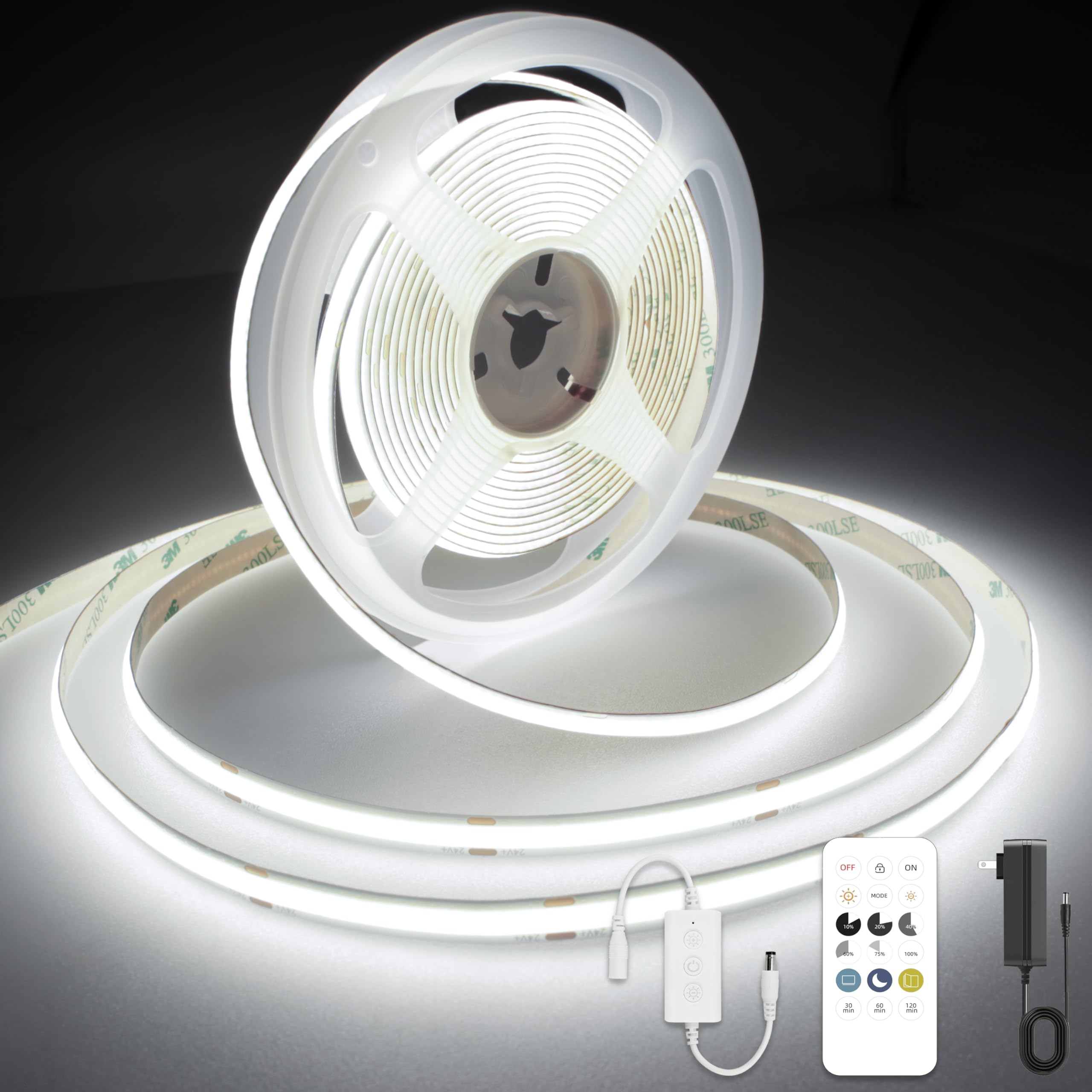 AXMOTUT White COB LED Band Light  Dimmable 24.6ft/7.5m LED Light  6000K Daylight White 2400 LEDs High Lumen LED Tape Lights CRI 90+ with RF Remote and UL Power for Bedroom Kitchen DIY Home Decoration