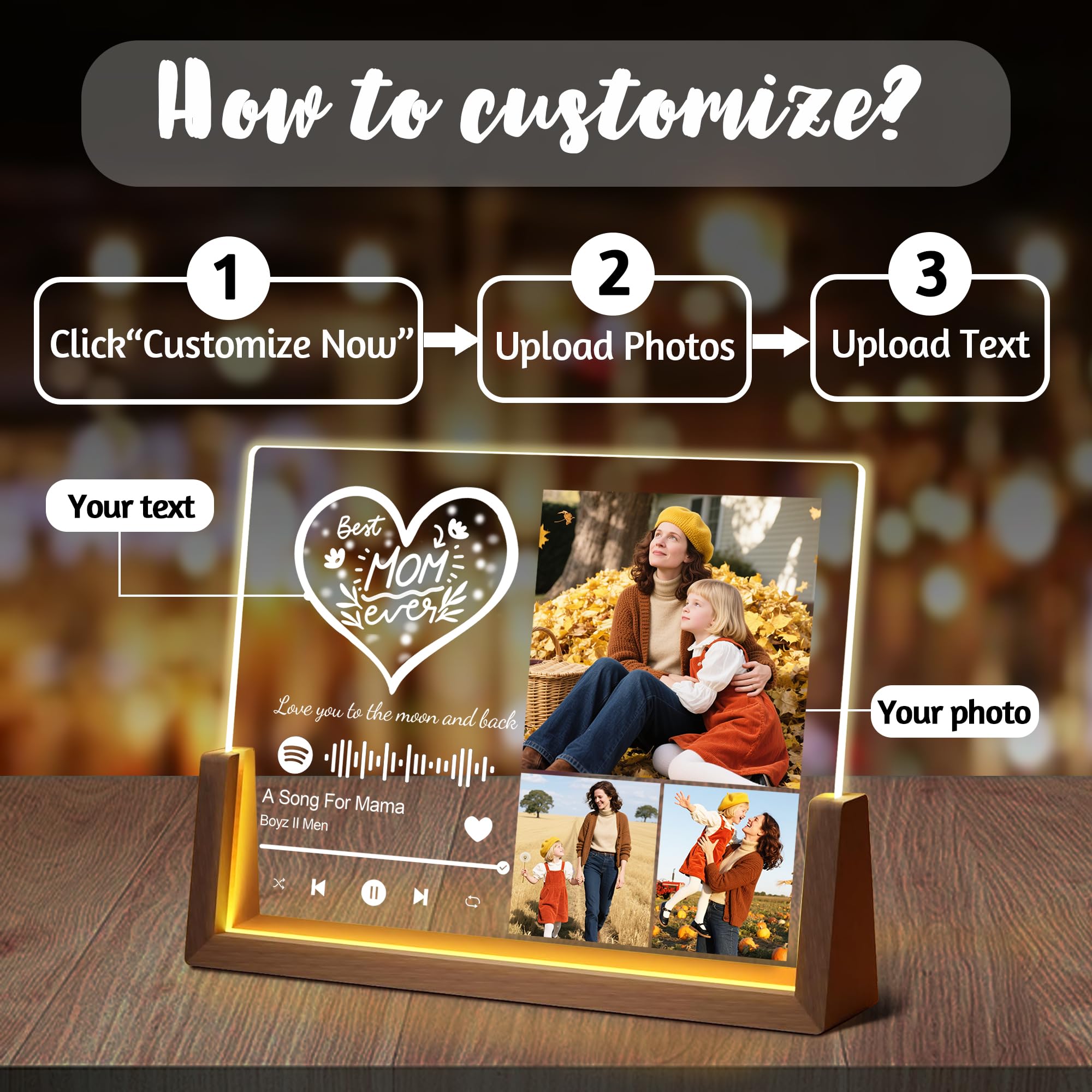 Personalized Mothers Day Birthday Gifts For Mom Grandma Wife  Custom Best Mom Christmas Gifts From Daughter Son Husband  Customized Acrylic Spotify Plaque With Photo Name Light Up Picture Frame