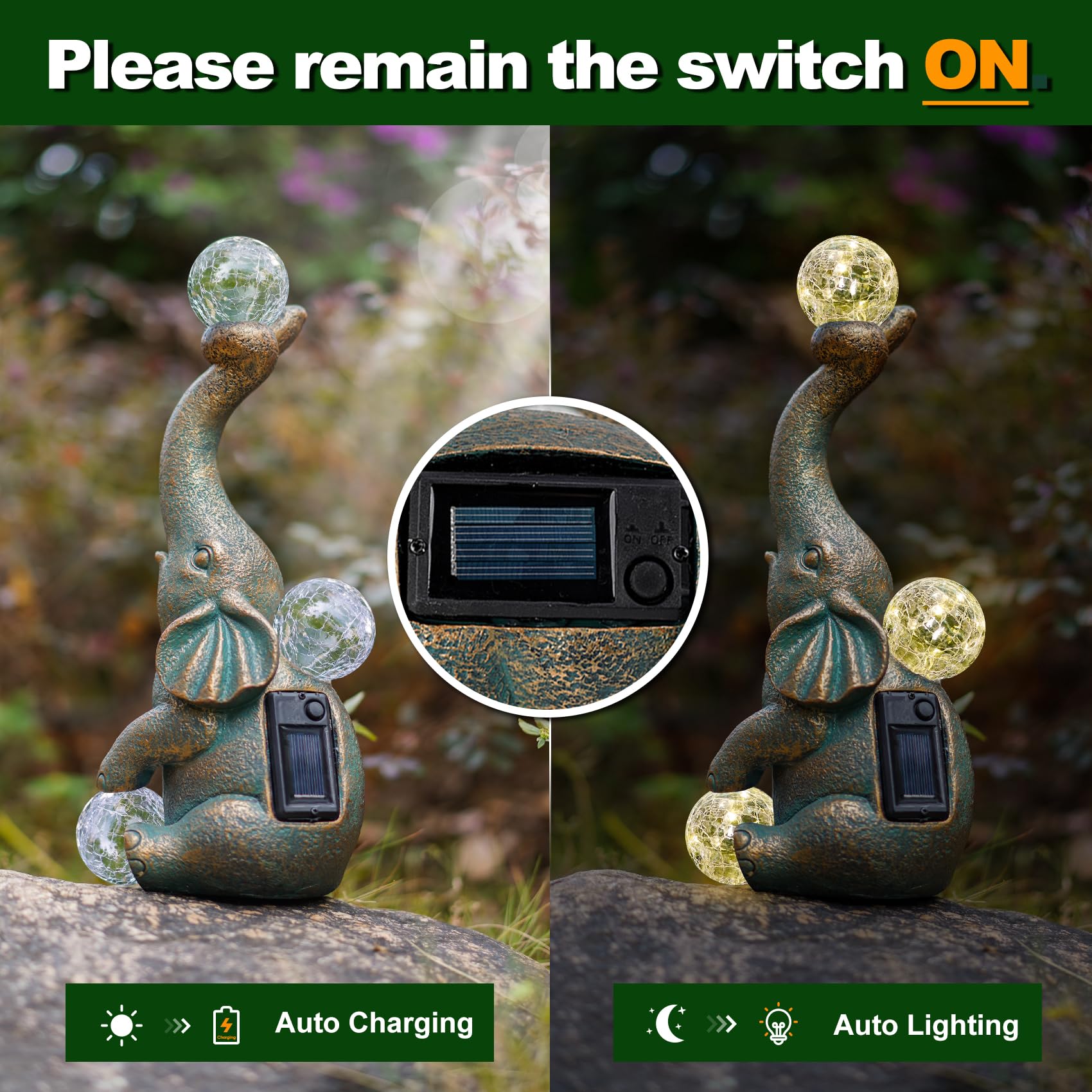 Mininova Garden Decor Outdoor Statues Elephant With Cracked Glass Balls, Cute Solar Figurine For Patio, Lawn, Yard Art Ornament