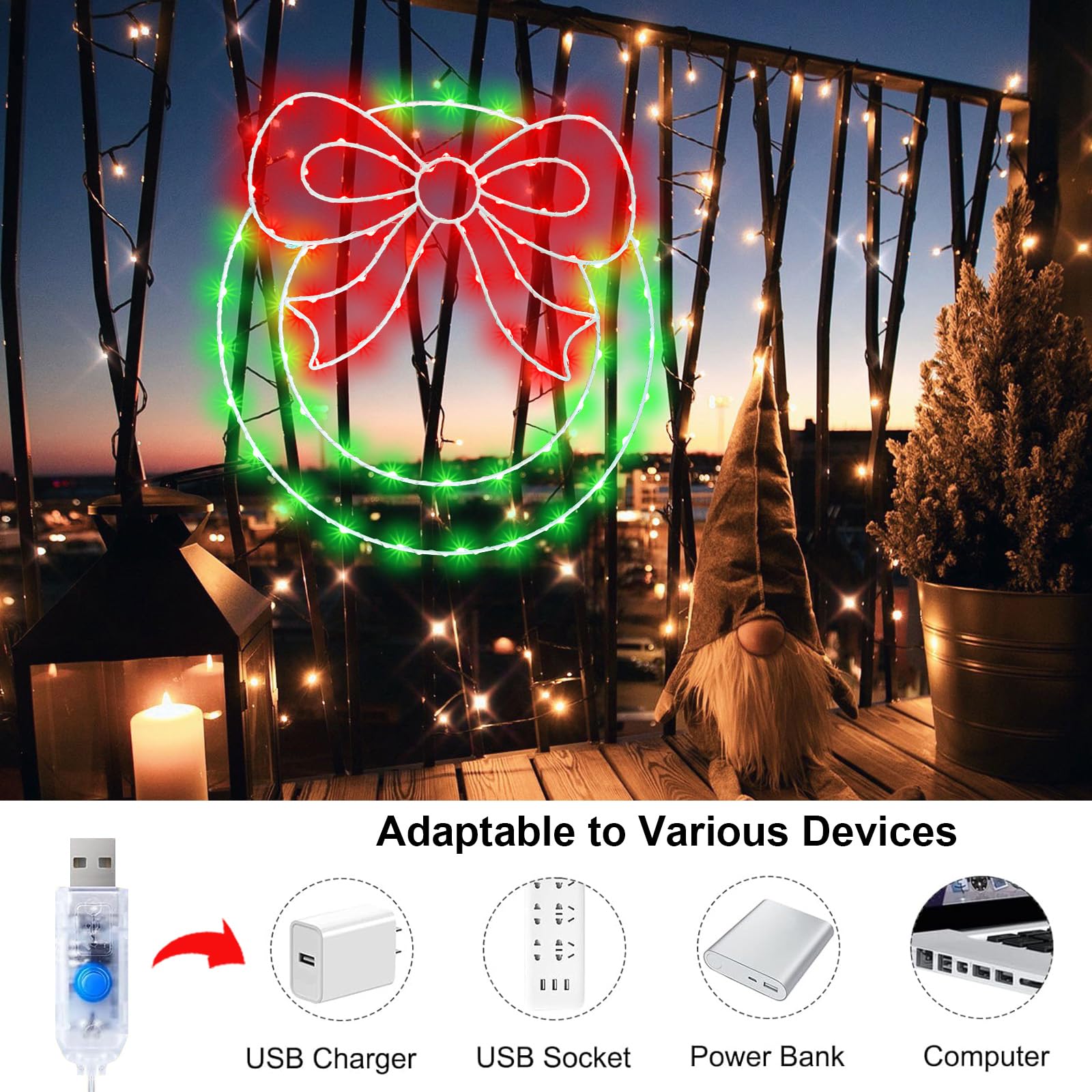 Zimati Christmas Wreath Window Lights Decorations, 14&quot; 82Leds Christmas Wreath Lights With Bow, Timer Remote Control Usb Powered Window Silhouette Lights For Door Home Wall Winter Xmas Party Decor