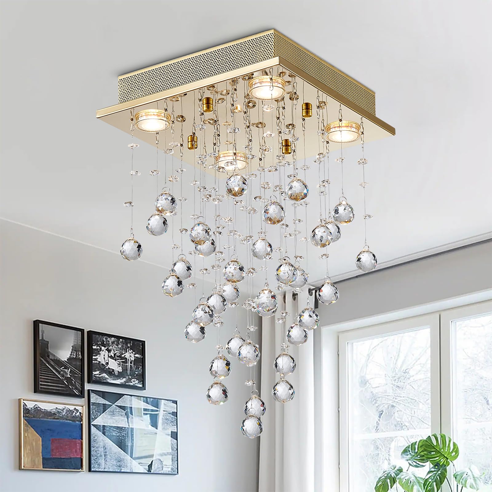 Bestier Gold Modern Crystal Square Raindrop Chandelier Lighting Flush Mount Led Ceiling Light Fixture Pendant Lamp For Dining Ro