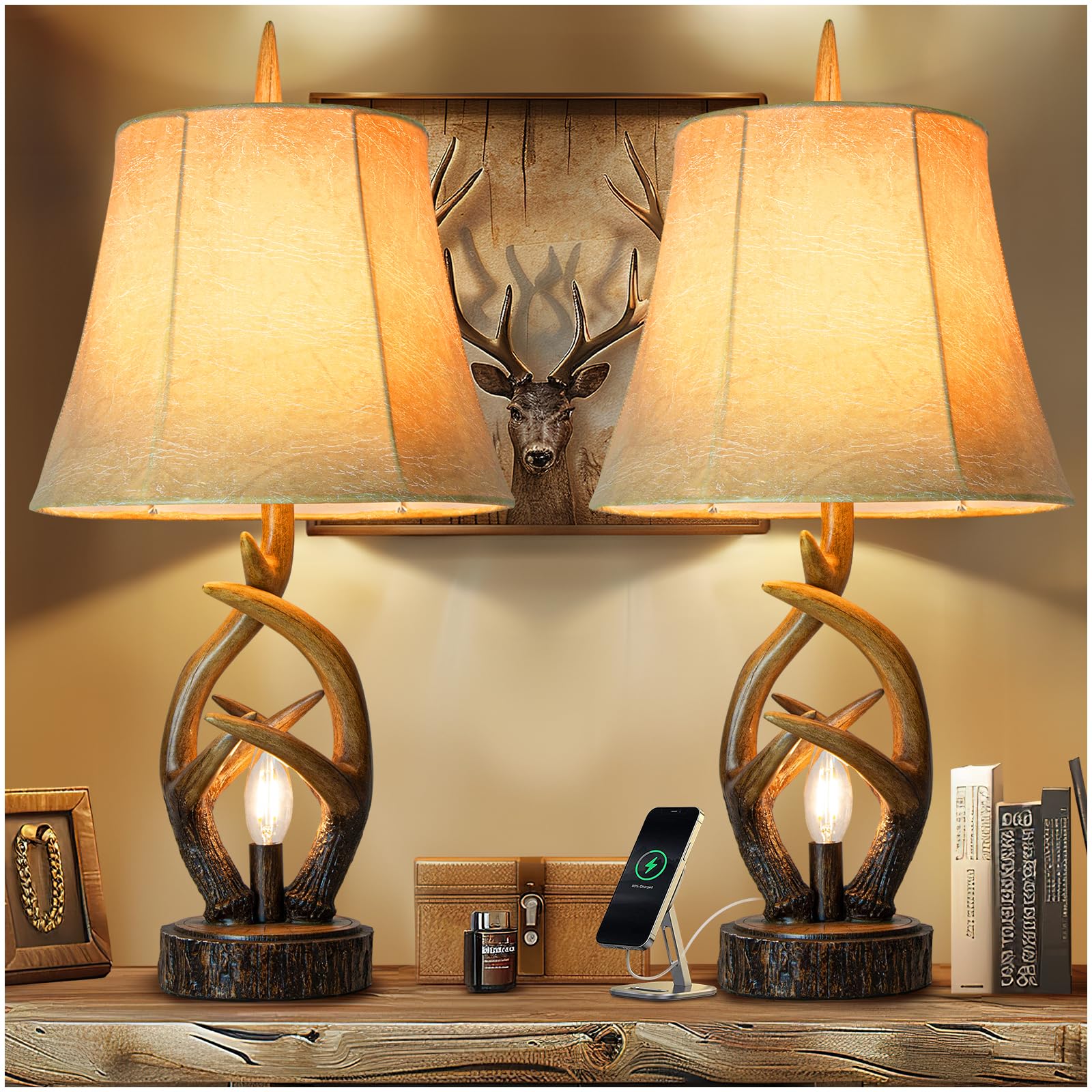 Scenekoy Rustic Farmhouse Antlers Bedside Table Lamp Set Of 2 With Nightlight Dual Usb Ports Leather Soft Bell Shade Brown Finish Nightstand Lamp Decor For Living Room Bedroom Office House Hotel