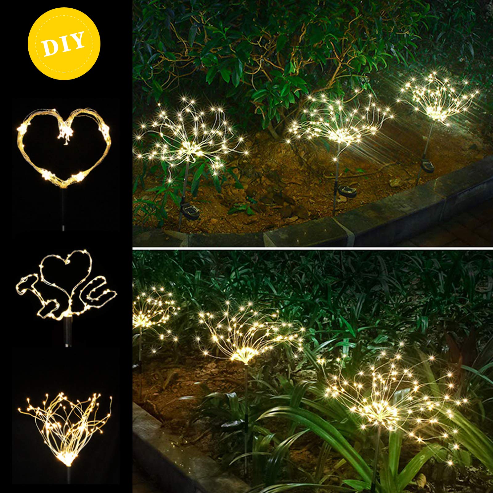 2 Pcs Solar Firework Light, Outdoor Solar Garden Decorative Lights 120 Led Powered 40 Copper Wires String Diy Landscape Light For Walkway Pathway Backyard Christmas Decoration Parties (Warm White)