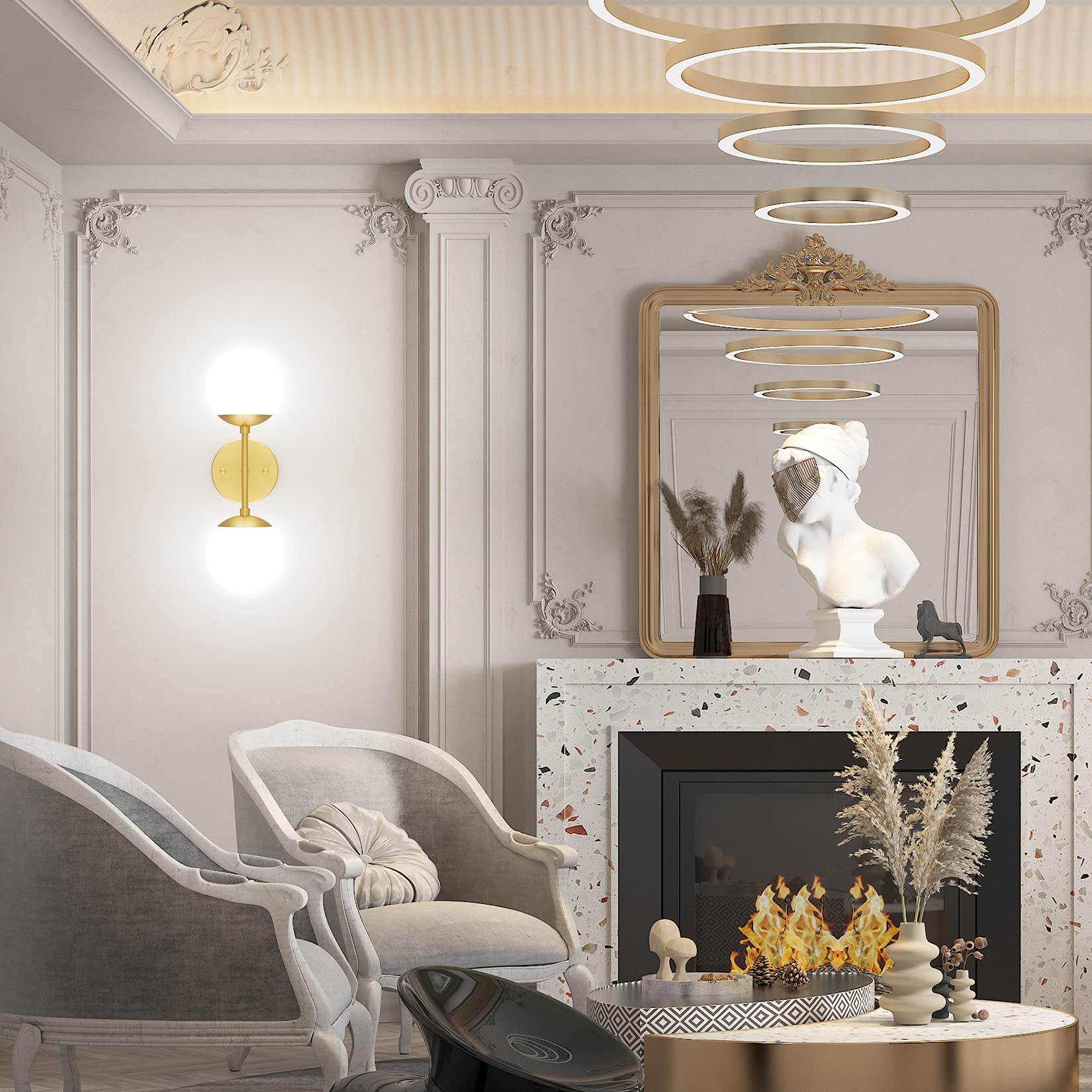 Tipace Gold Wall Sconce 2 Lights, Mid Century Modern Globe Wall Light, Golden Globe Wall Sconce For Restaurant Living Room Bedsi