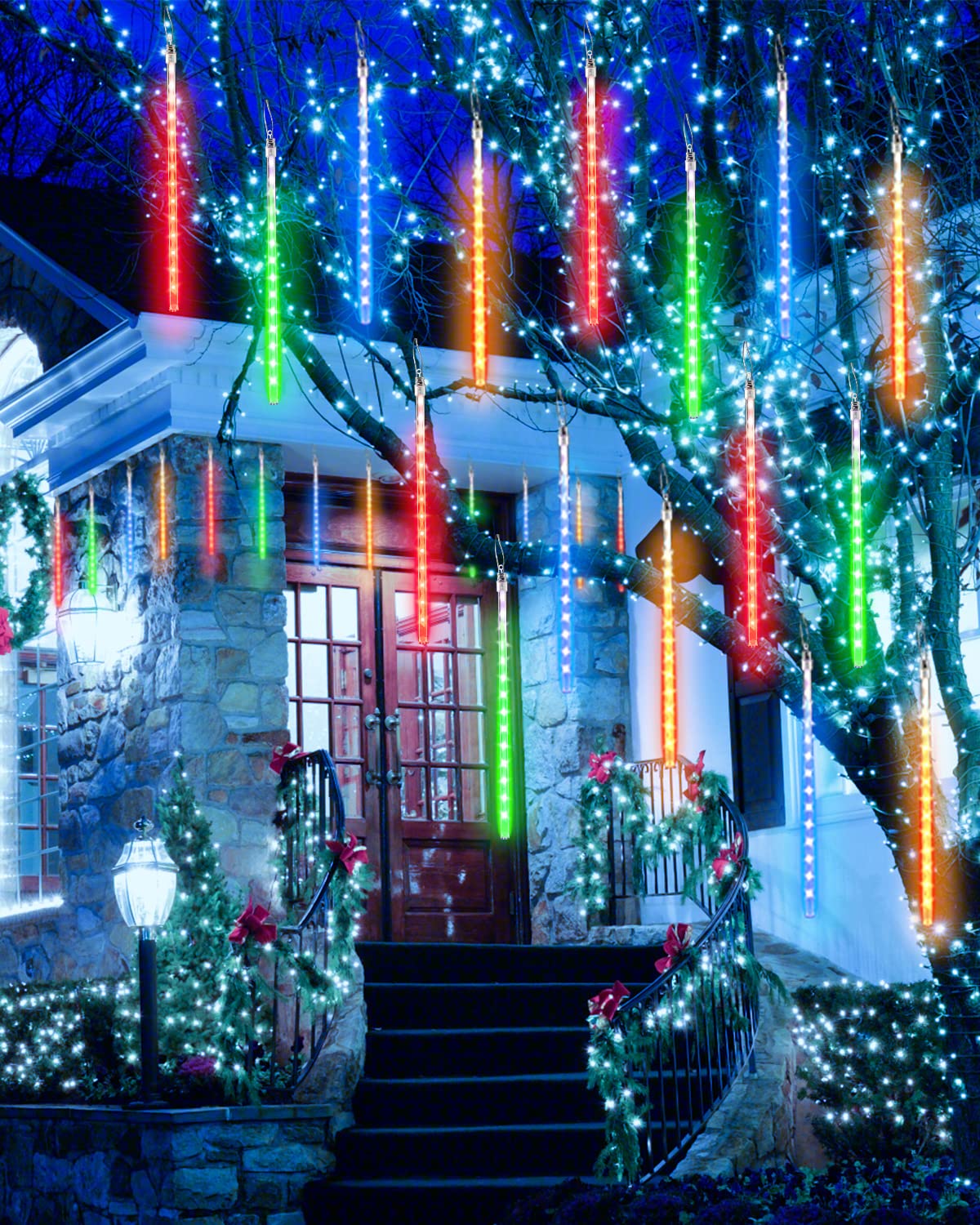 Flacchi 20 Tubes Meteor Shower Icicle Lights, 480 Led Multi-Colored Raindrop Lights With Timer For Holiday Party & Christmas Decor