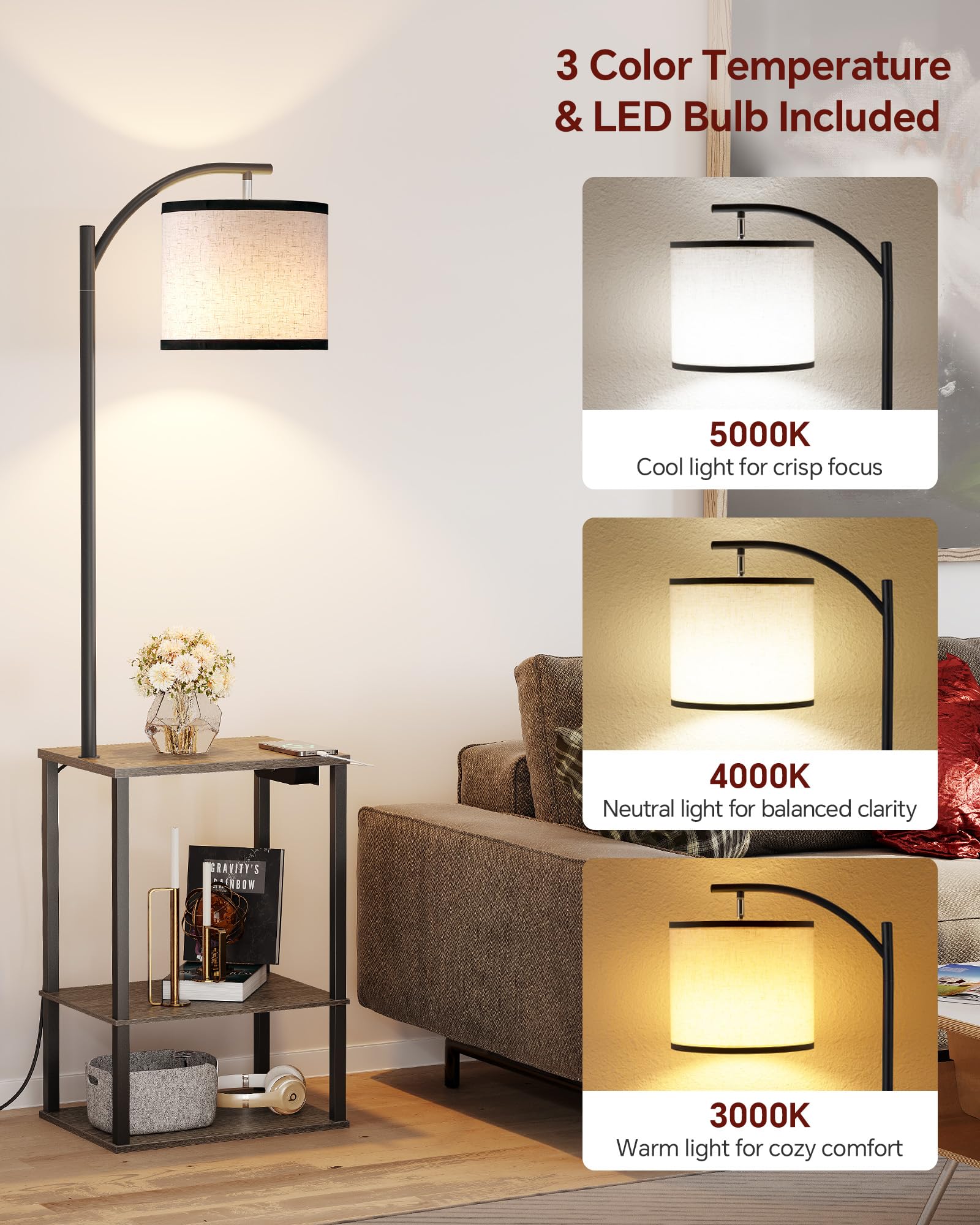 Sunmory Floor Lamp With Table, End Table With Lamp, Shelves, Charging Station(Usb & Ac Port), 3-Color Temperature Led Bulb, Side