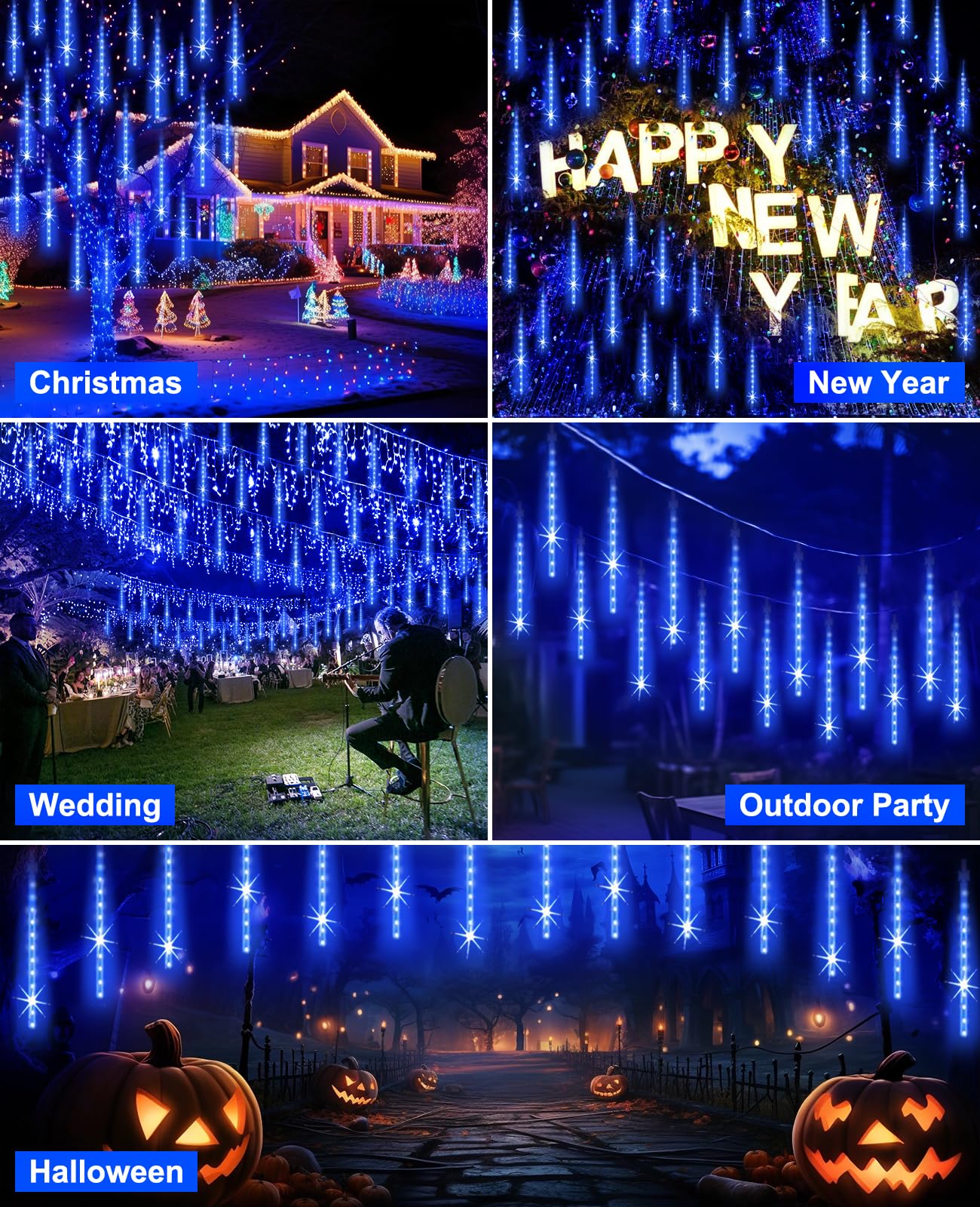 EAGWELL 20 Tube 1080 LED Blue Meteor Shower Lights - Waterproof Cascading Lights for Garden, Porch, Wedding, and Christmas Decor