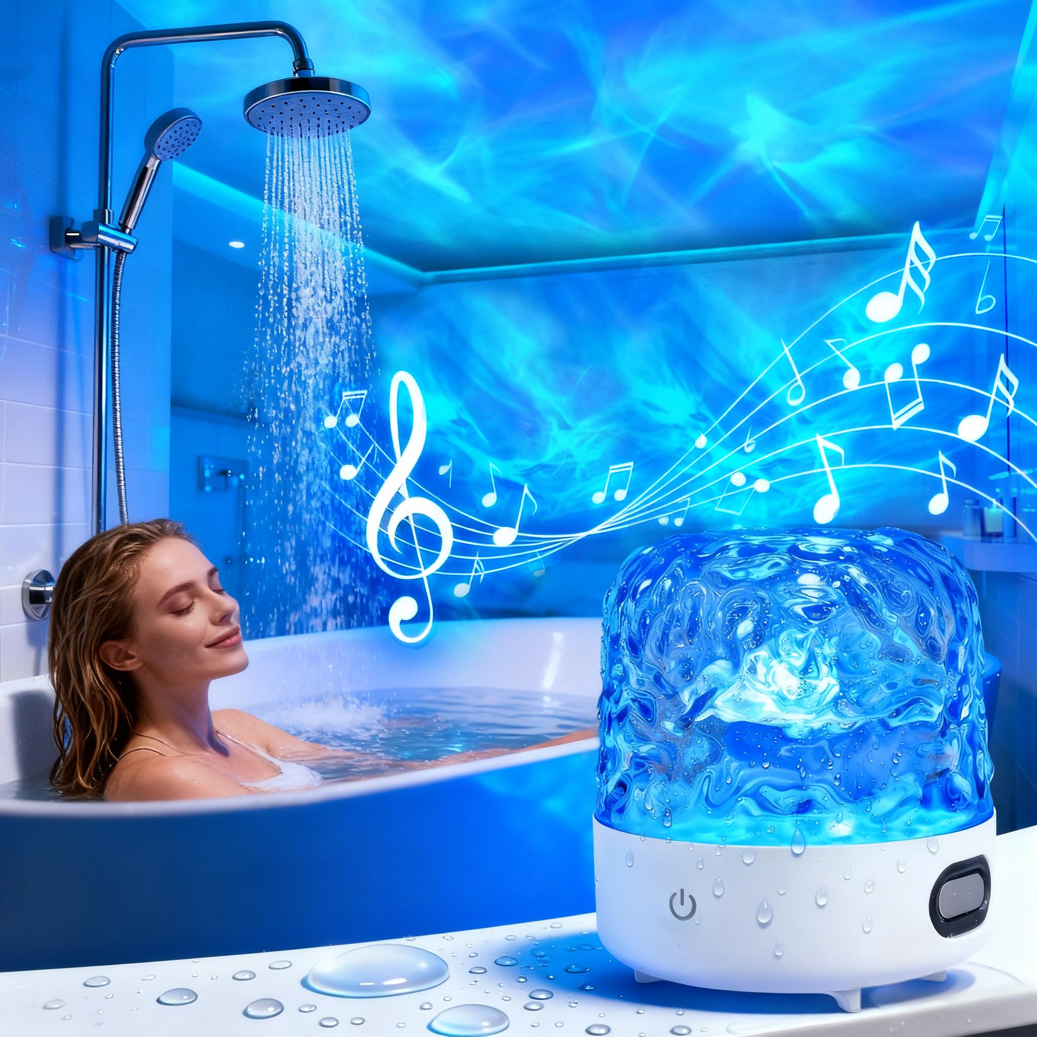 Spa-Like Shower Light with Bluetooth Speaker, Waterproof Shower Lamp with White Noise, 16 Colors Ocean Wave Projector Light with