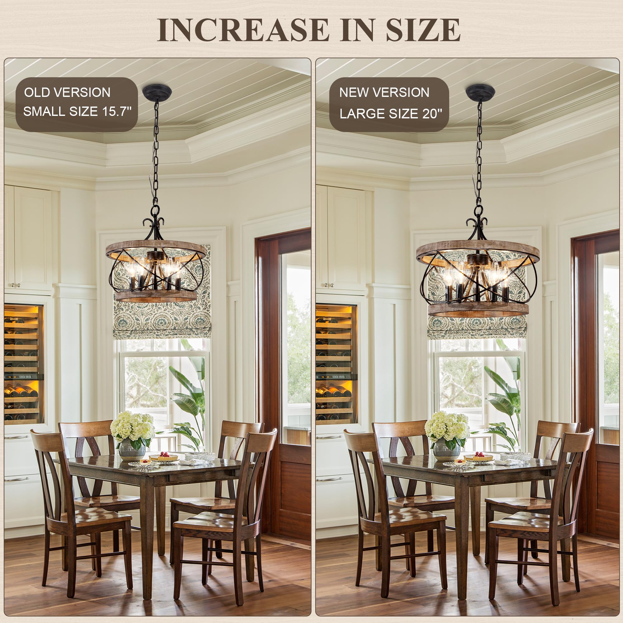 Chords Attic 20" Farmhouse Chandelier, 5-Light Wood Drum Chandelier for Kitchen Island & Dining Room, Model 19.6, French Country Style