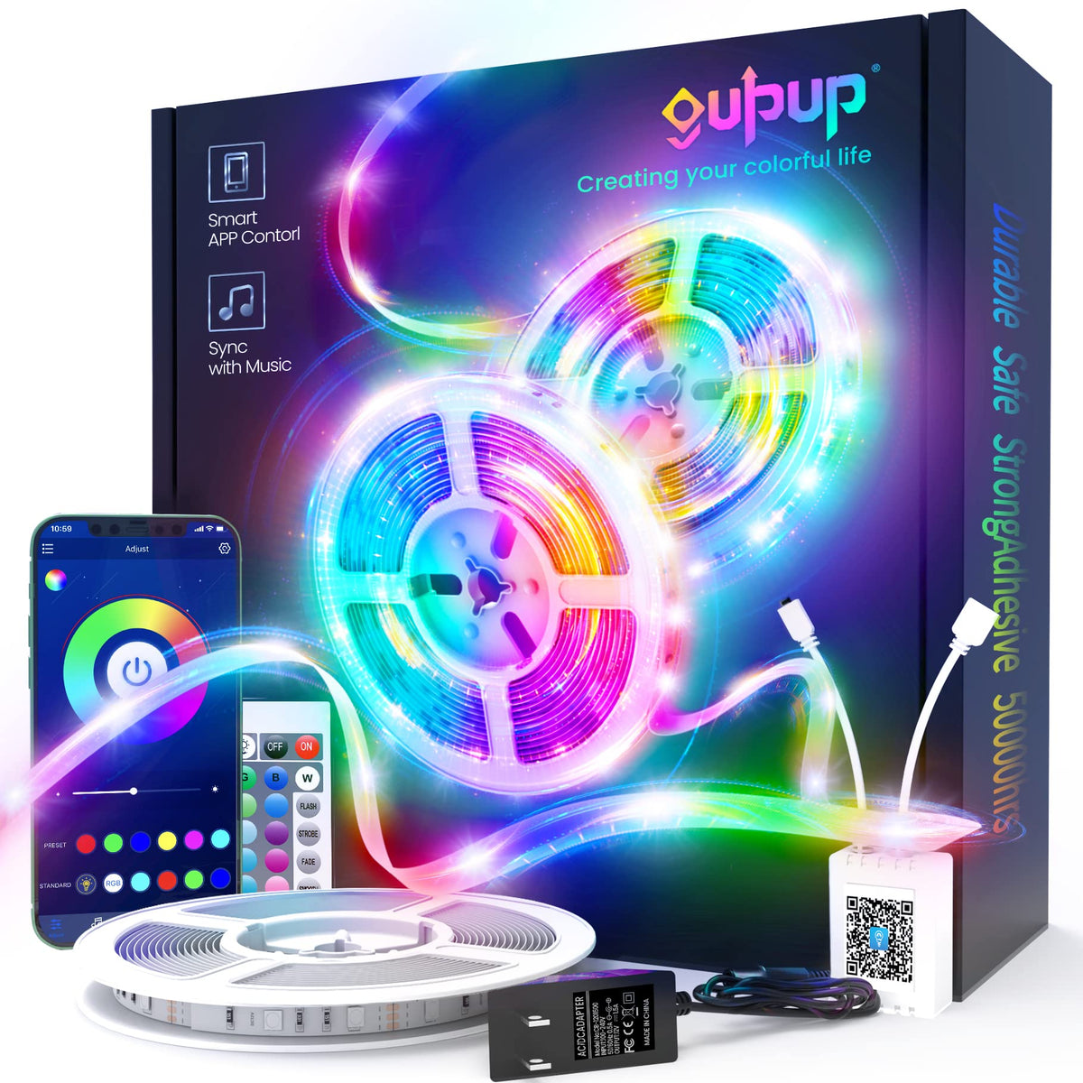 Gupup 50 Ft Led Strip Lights,Bluetooth Led Lights For Bedroom, Color Changing Light Strip With Music Sync, Phone Controller And
