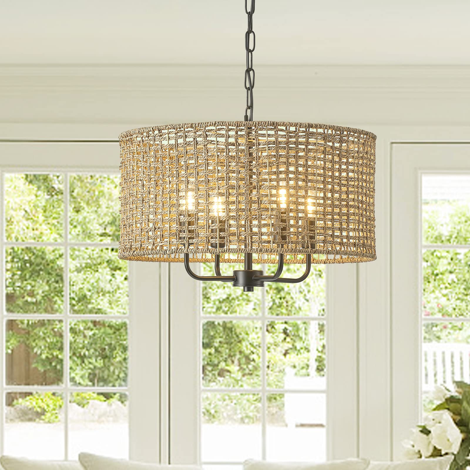 Giutna Rattan Wicker Drum Chandelier, 4-Light Hand-Woven Pendant Light, 20" Black Farmhouse Fixture for Dining Room, Entryway, Living Room