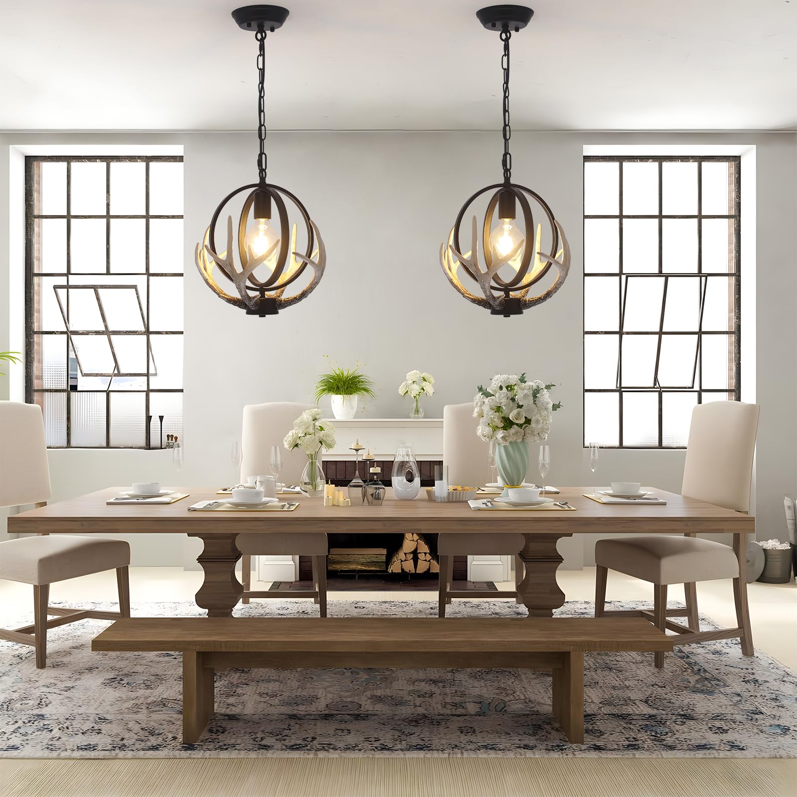Rustic Farmhouse Chandelier 1 Lights Retro Antler Chandelier With 4 Resin Deer And Metal Globe Chandeliers For Dining Room Vinta