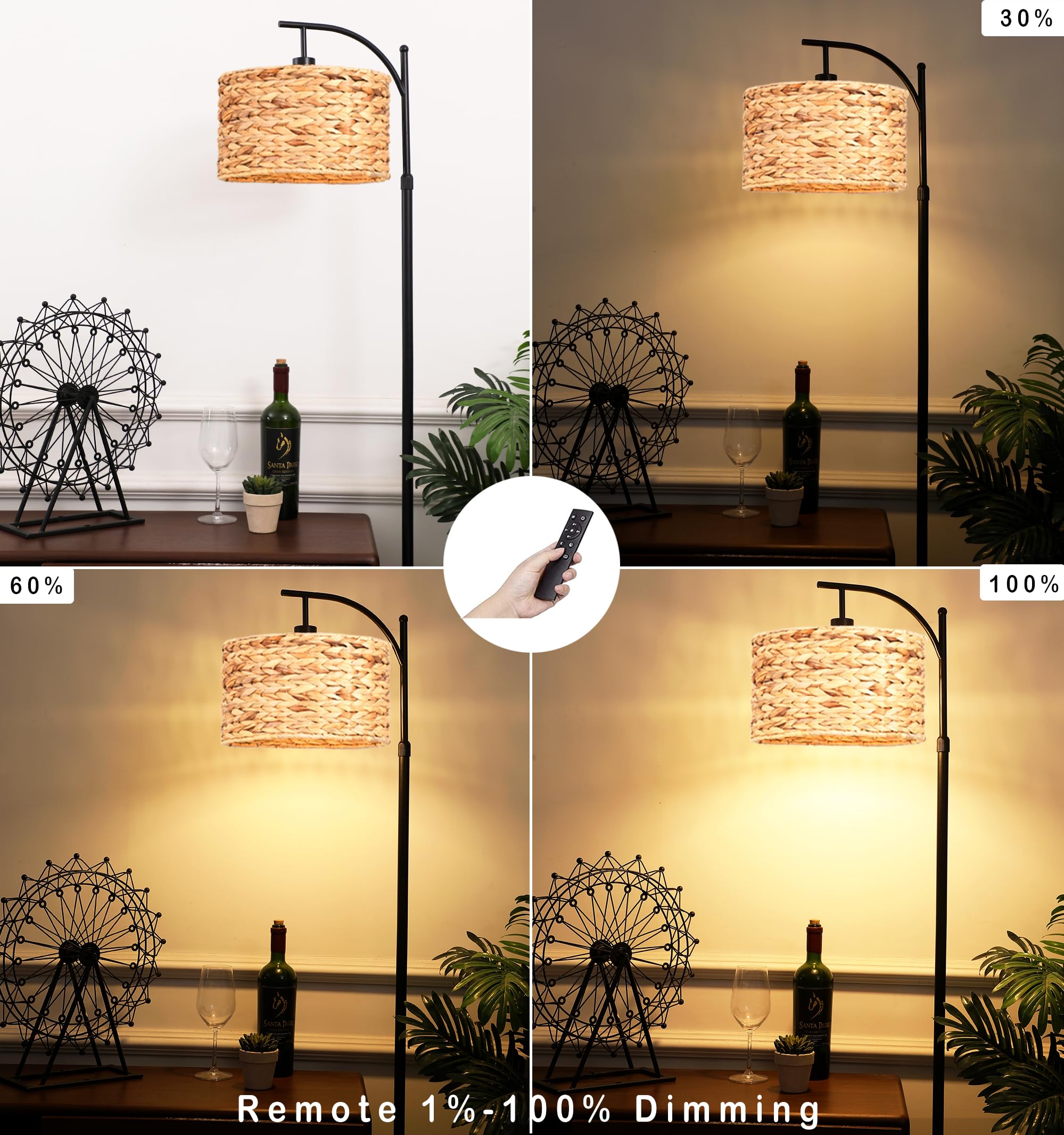 Qiyizm Floor Lamp For Living Room Bedroom With Remote Boho Rattan Standing Lamp Dimmable Black Farmhouse Wicker Bamboo Lamp Shad