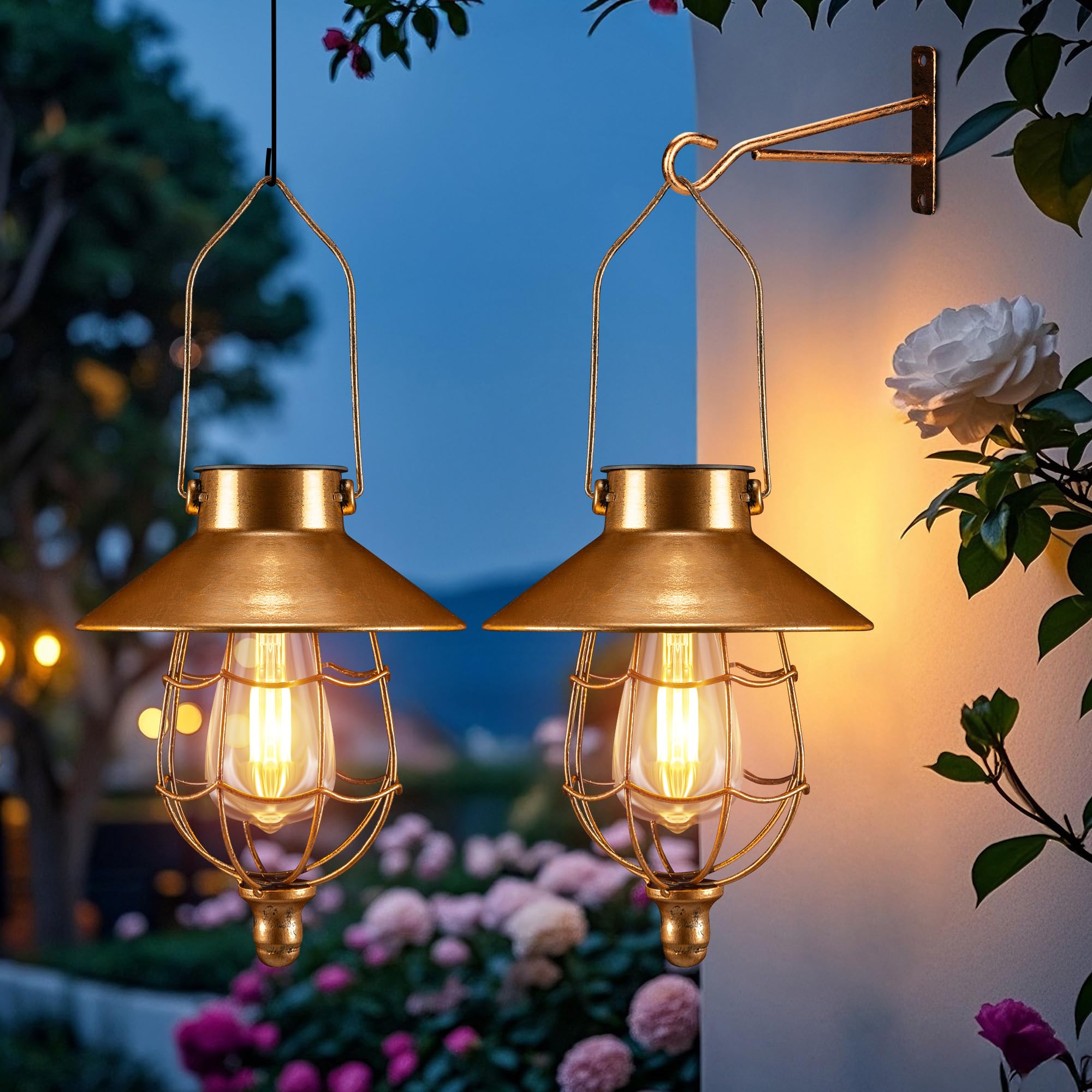 pearlstar Solar Lanterns Outdoor Hanging Copper Metal Vintage Waterproof Edison Bulb Design 2 Pack for Garden Patio Yard Tree