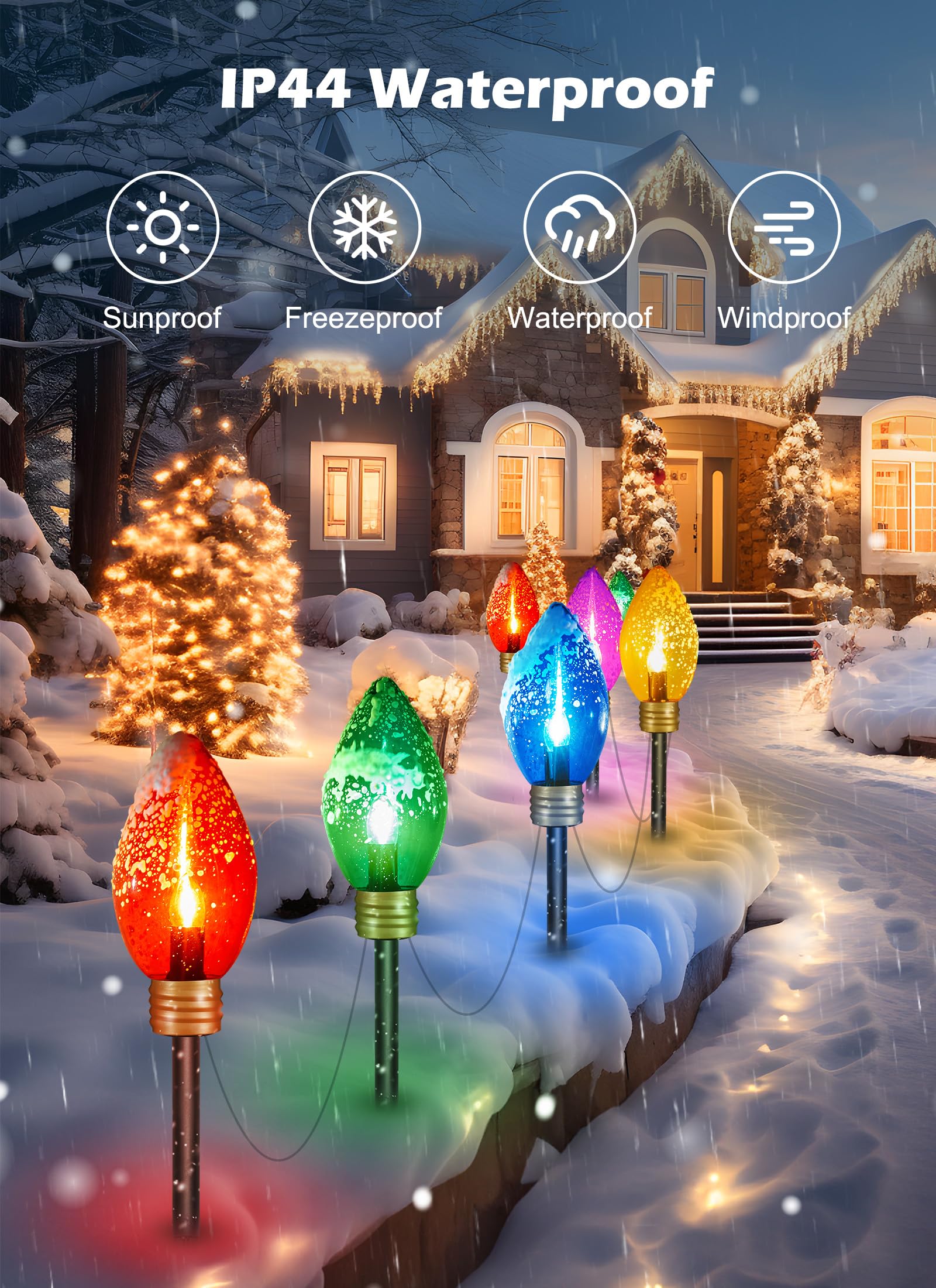 Moonflor Super Jumbo C9 Christmas Pathway Lights, 11FT, 5 LED, Multicolor, Waterproof Outdoor Decoration for Yard, Model GY-C-50.6-U-B1