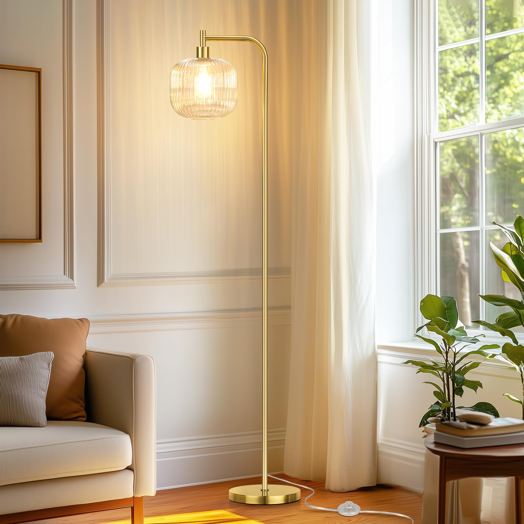 QiMH Modern Glass Floor Lamp, 67” Tall, Brushed Gold & Clear, Ribbed Shade, Model STR-FL-0096, Perfect for Living Room & Bedroom