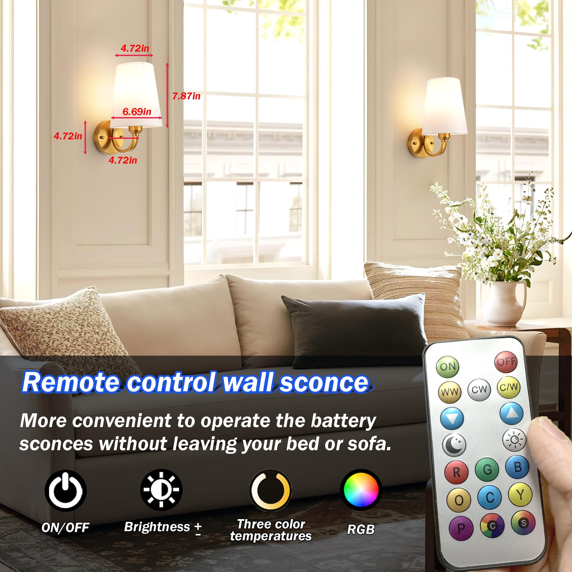 Slywise Battery Operated Rechargeable Wall Sconce, 7 Color Rgb, Usb Charging, Brass Finish