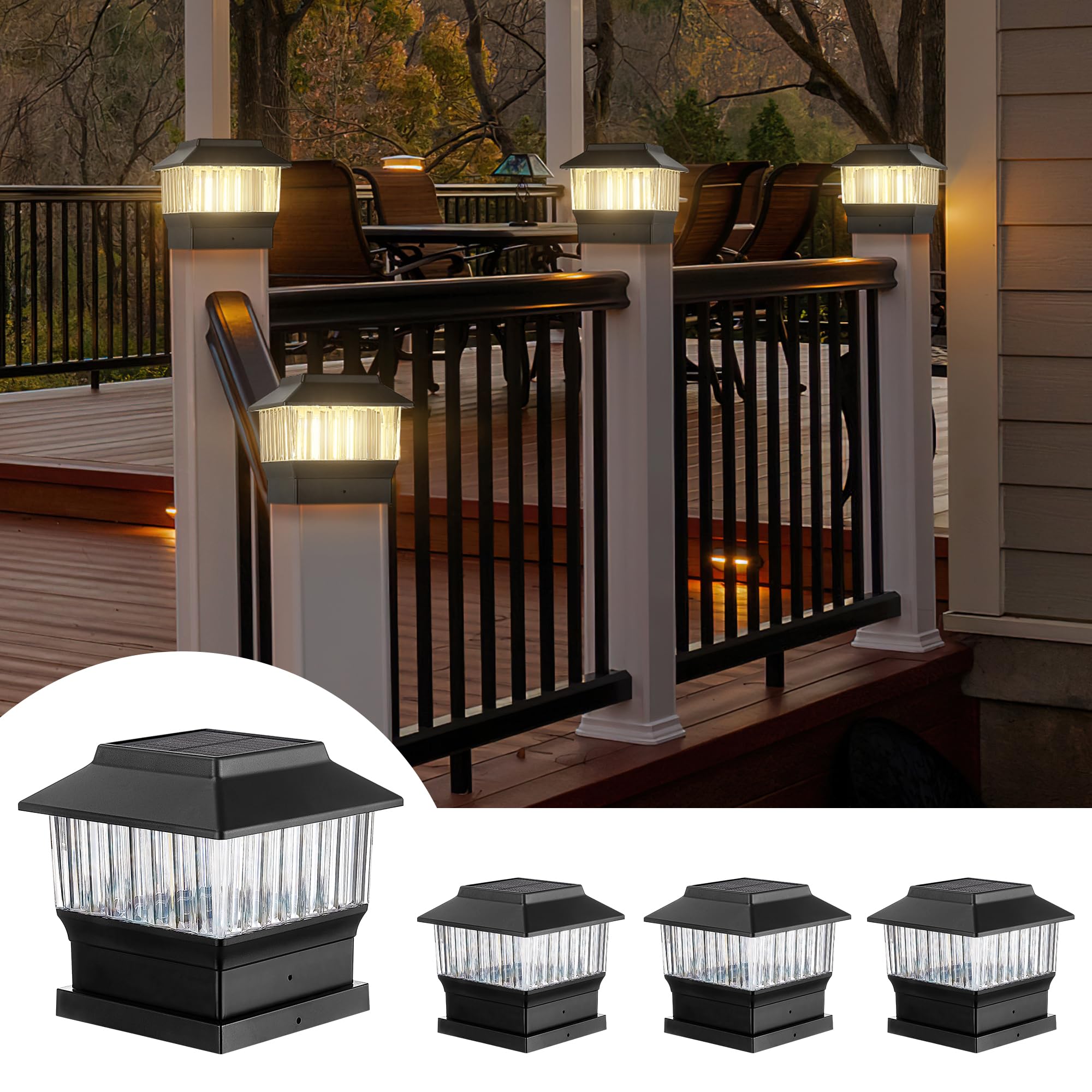 Moon-De-Age 50 Lumen Solar Post Lights, 3 Modes, Waterproof Led Cap Lights (4 Pack, Black)