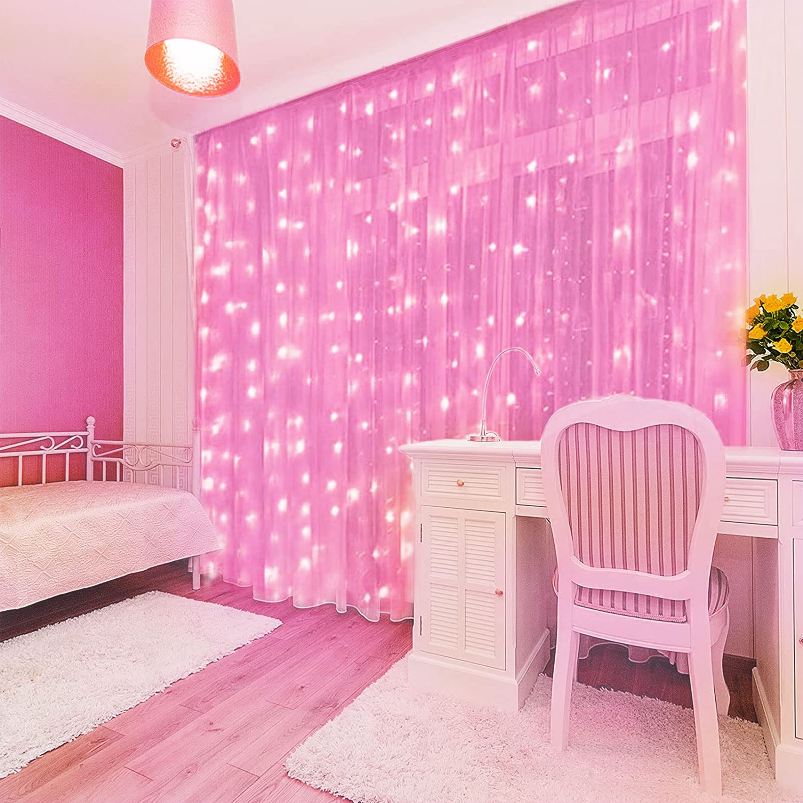 Kproe Pink Curtain Lights - 8 Modes Led Fairy String Lights For Windows, Ideal For Christmas, Valentine'S Day, Weddings, Party Room Decor