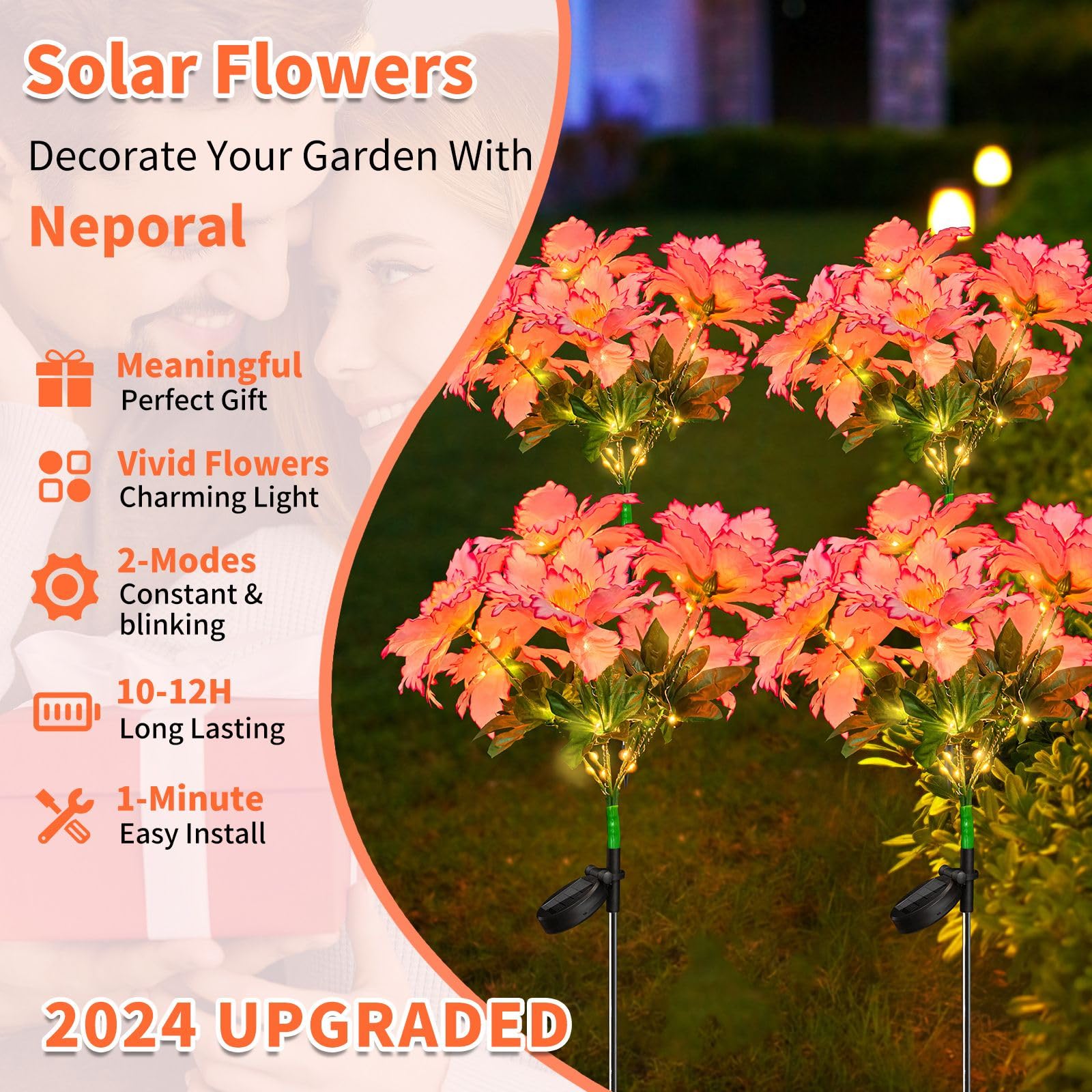 Neporal Solar Flowers Outdoor Waterproof Rhododendron,Garden Solar Lights Decorative 4PK 7-Stem, 2 Decor Lighting Modes, Solar P