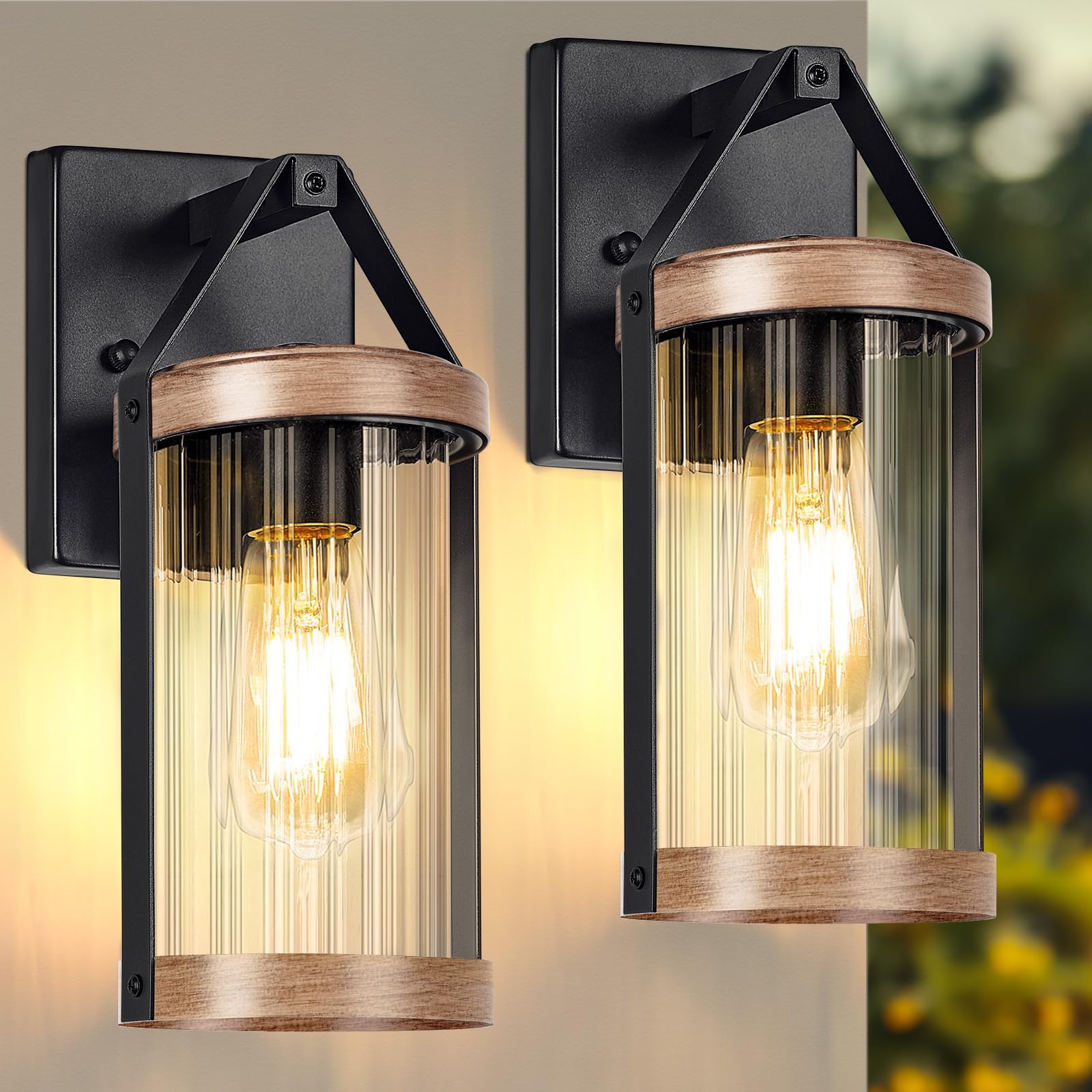 2-Pack Outdoor Light Fixtures, Waterproof Modern Exterior Wall Lantern Porch Lights, Black Wall Sconce with Clear Ribbed Glass, 