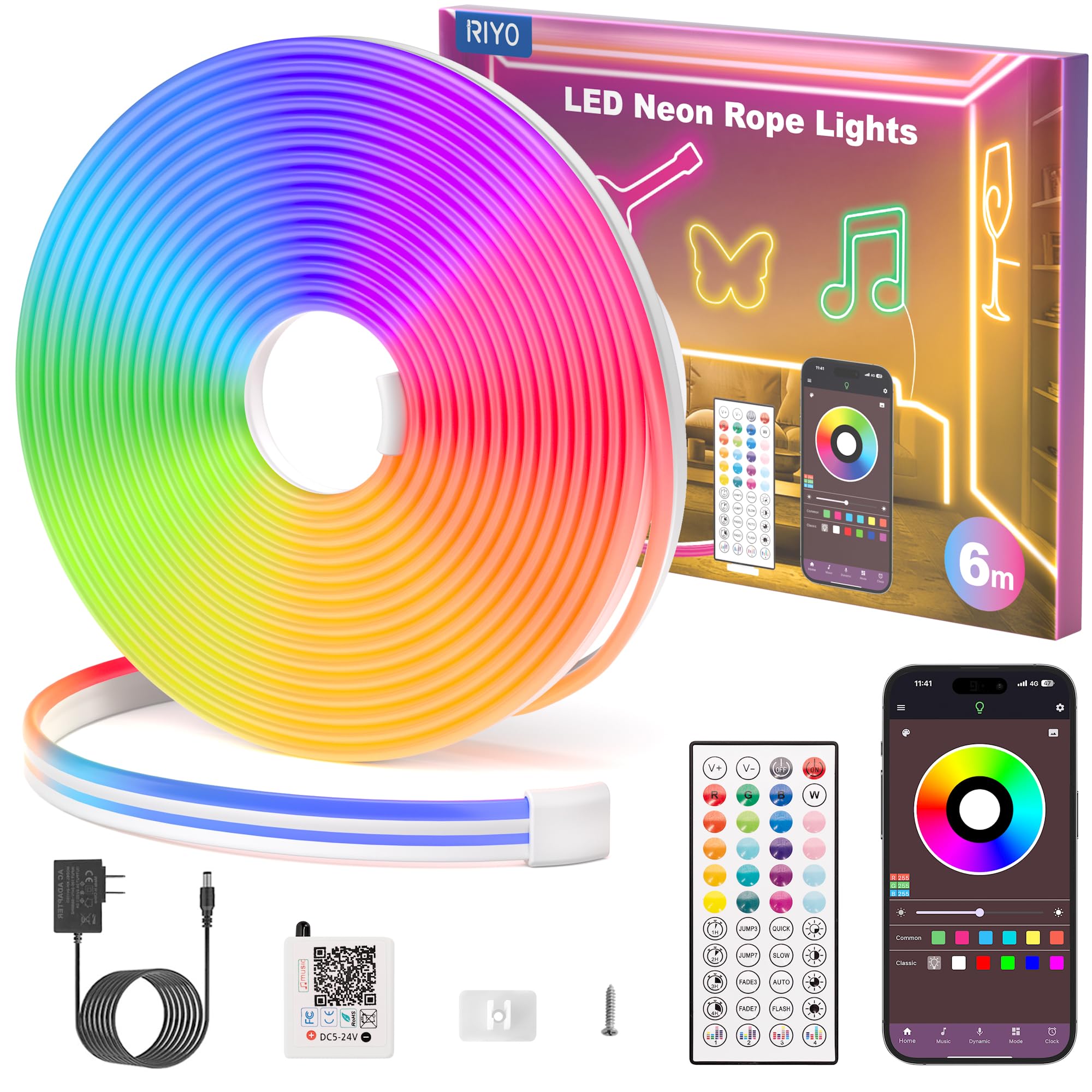 RIYO Neon Rope Lights, 20Ft RGB LED Strip, IP67 Waterproof, App & Remote Control, Music Sync, Multicolor