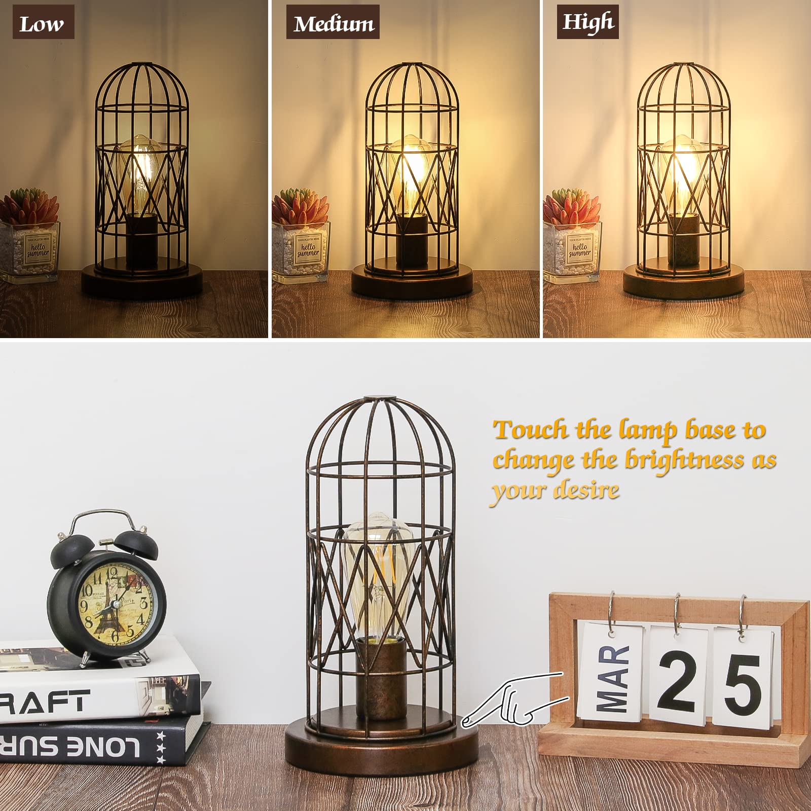Industrial Antique Bronze Cage Table Lamp, 3-Way Dimmable For Bedroom & Living Room, Led Bulb Included