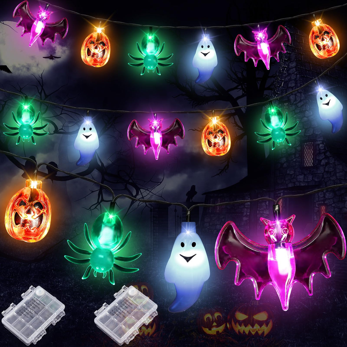 Enhon 2 Pack Halloween String Lights with 8 Modes, 20 Feet 40 LEDs Battery Operated 3D Halloween Decorations Lights with Timer f