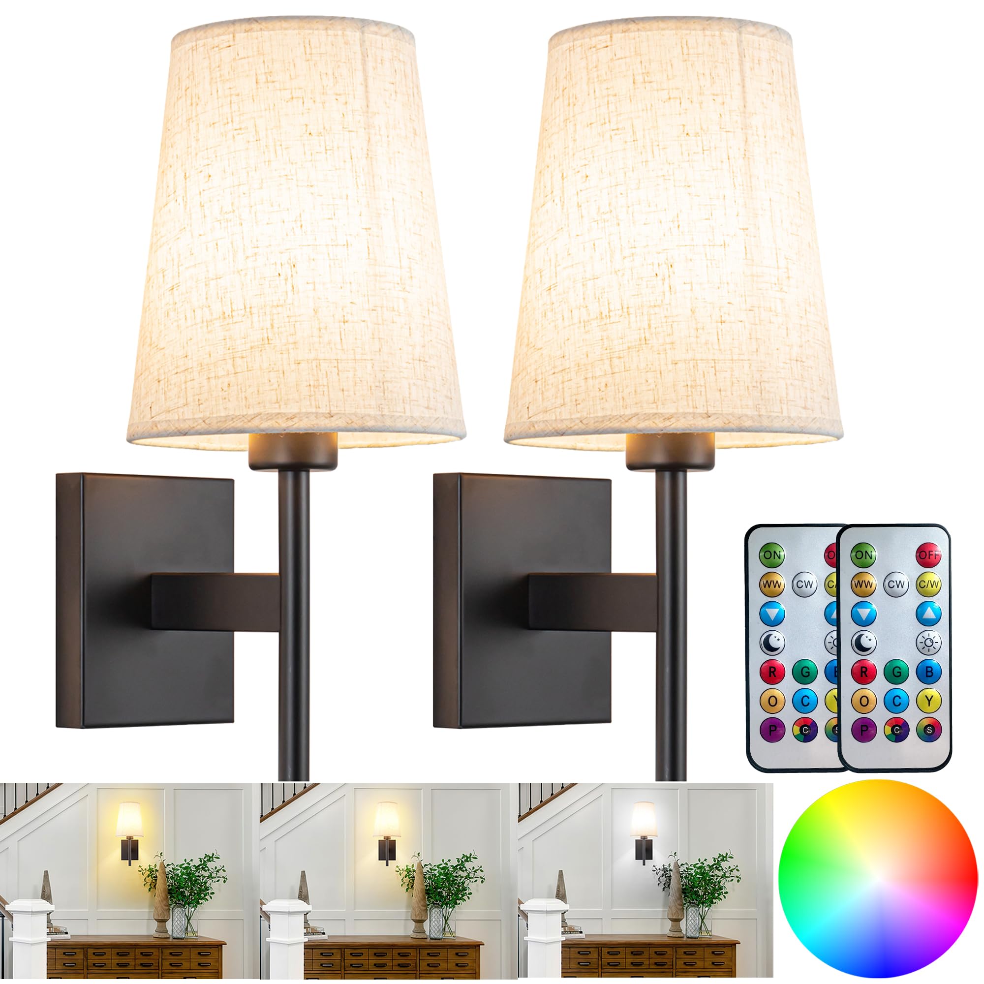YHCDLAMP Battery Operated Wall Sconces Set of Two,Battery Operated Wall Lights with Remote, Fabric RGB Color Changing Dimmable W