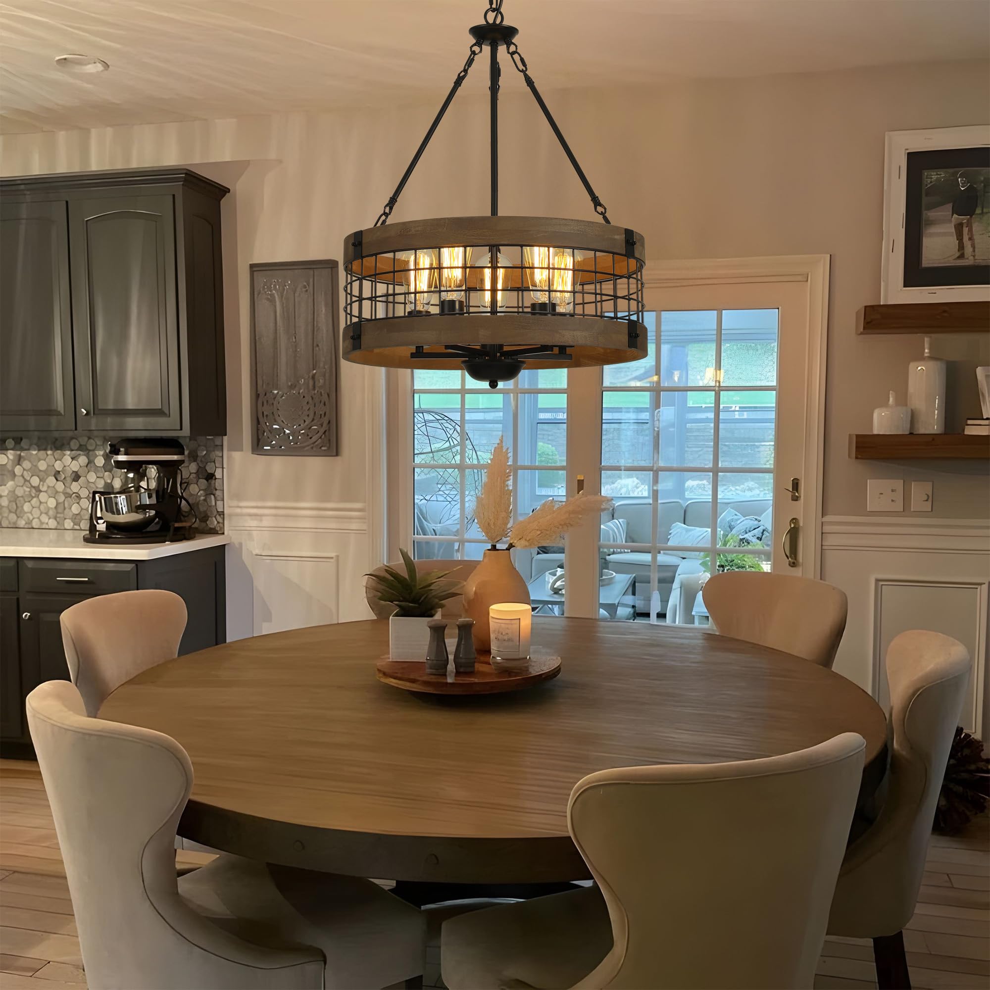 LamQee 19" 5-Light Farmhouse Chandelier - Adjustable Height, Wood & Black Metal Shade, Rustic Pendant Lighting for Dining Room, Kitchen, Foyer